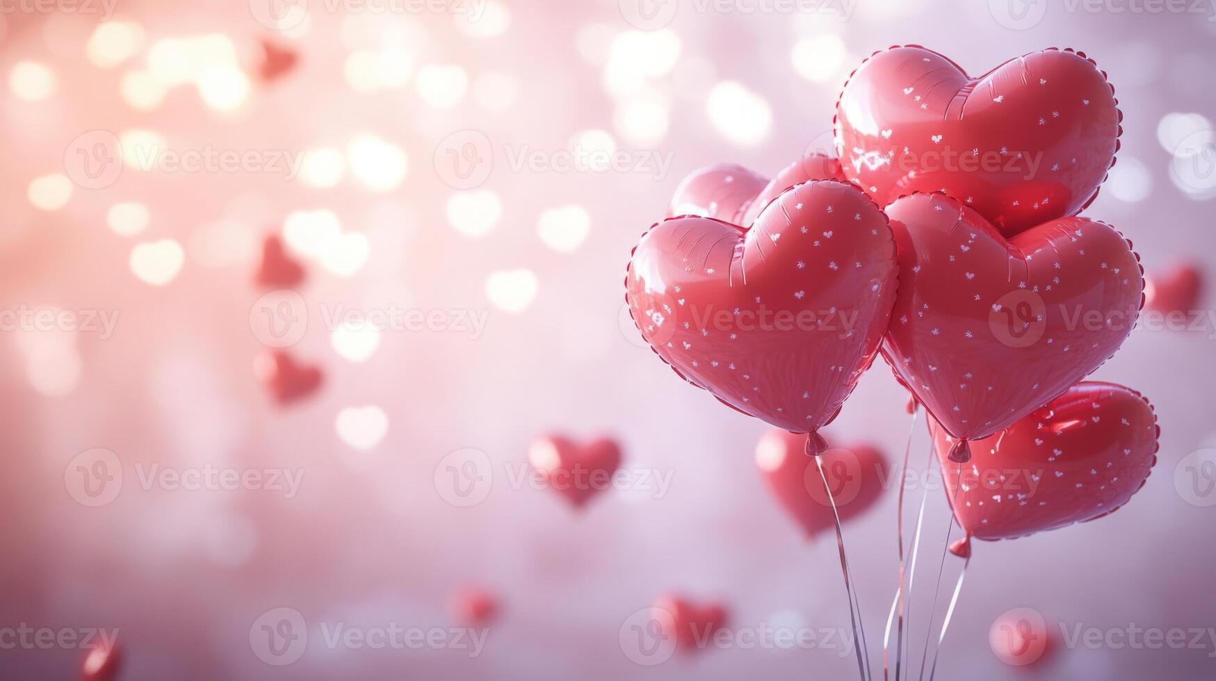 Heart-shaped balloons in vibrant red float gently, adorned with white polka dots, creating a romantic atmosphere. The soft pink background enhances the festive feeling of love and celebration. photo