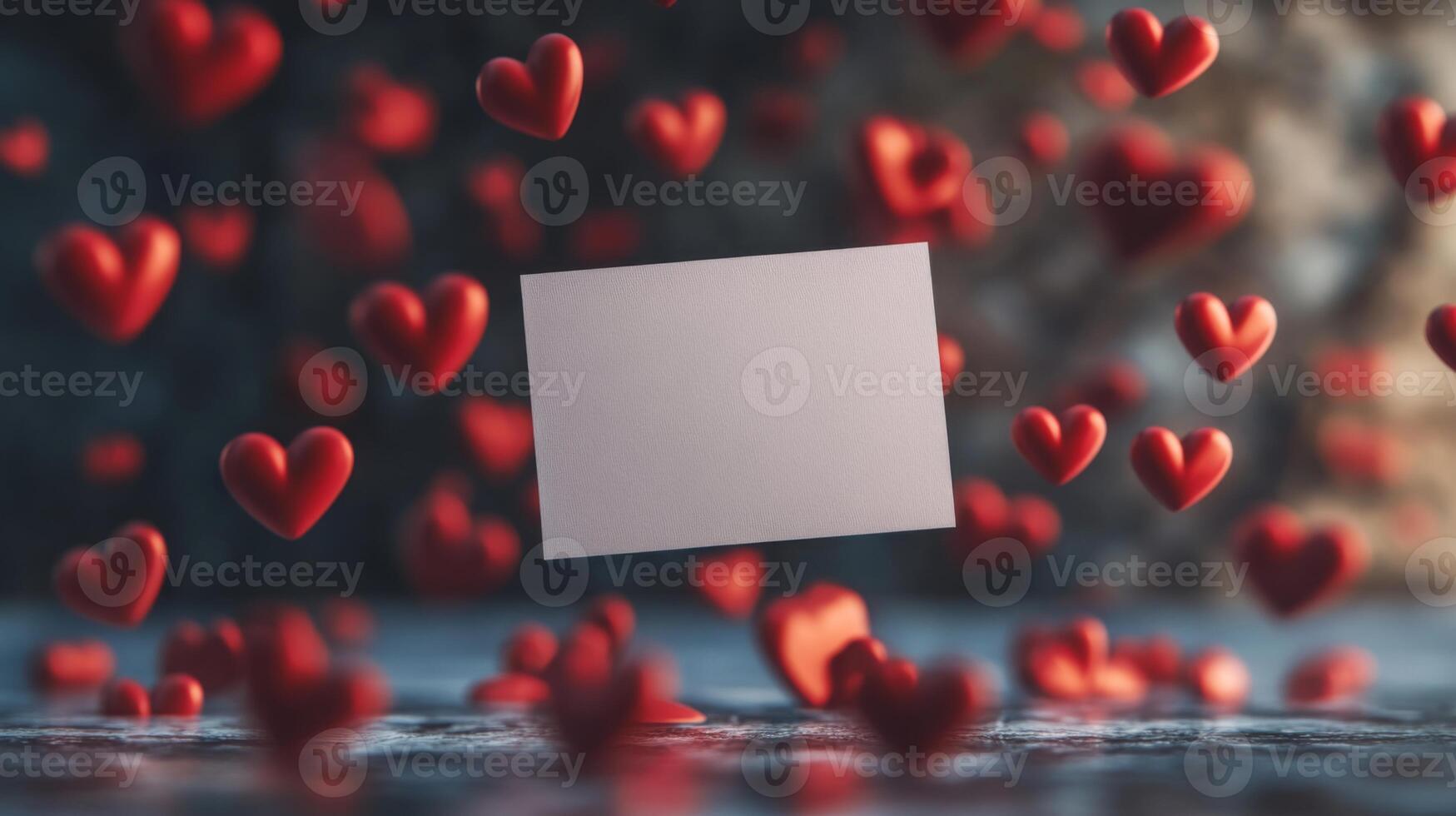 A blank card floats in mid-air, surrounded by vibrant red heart shapes. This romantic display evokes feelings of love and affection, perfect for expressing emotions. photo