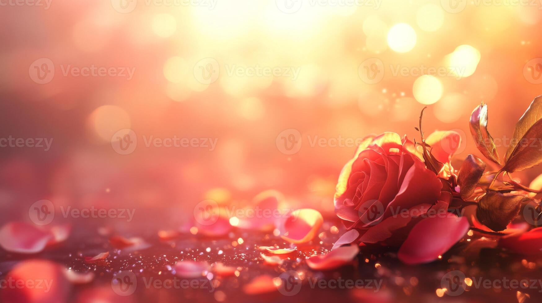 A vibrant red rose lies gracefully on a surface surrounded by scattered petals. Soft golden light creates a warm atmosphere, enhancing the romantic feel of the moment. photo