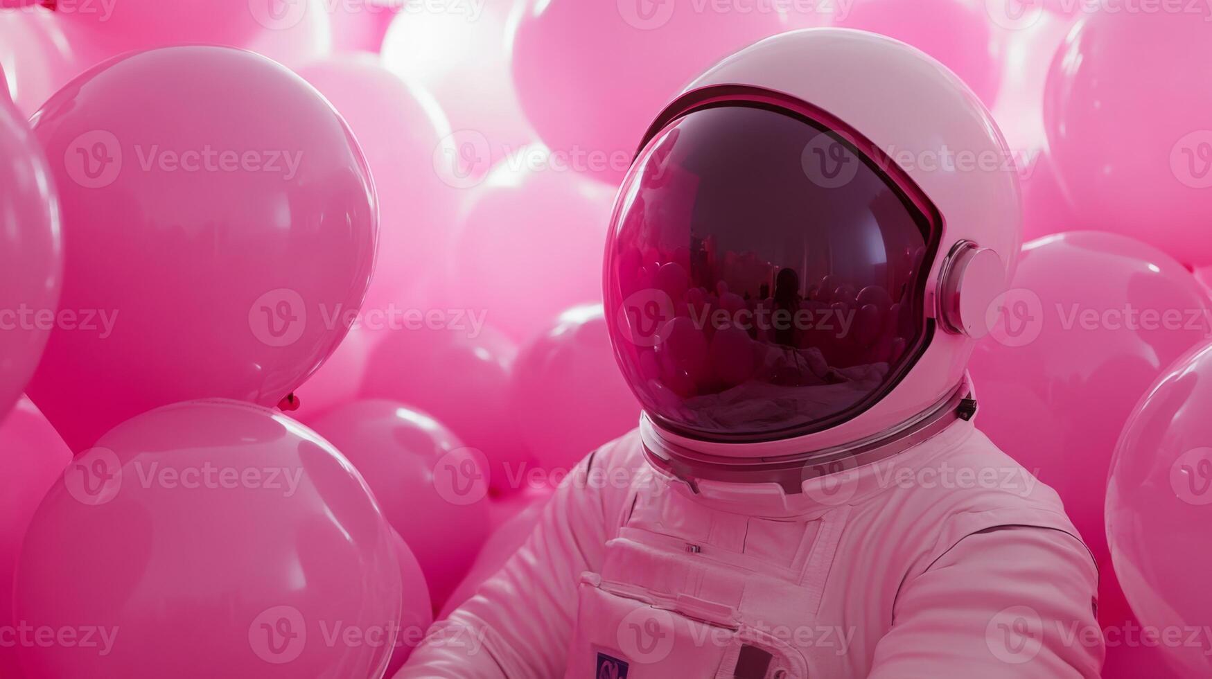 An astronaut dressed in a pink suit explores a fun space filled with soft pink balloons. The vibrant atmosphere creates a playful contrast with the astronaut's gear, evoking a sense of wonder. photo