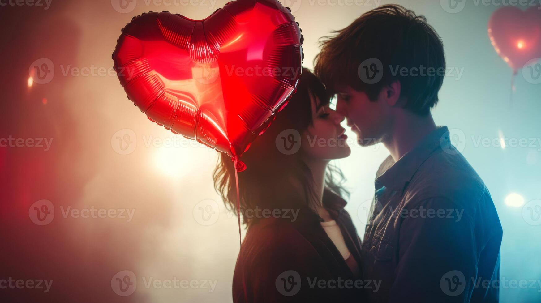 A young couple shares a tender moment, their foreheads touching as they gaze into each other's eyes. Heart-shaped balloons float in the background, creating a romantic atmosphere at a festive event. photo