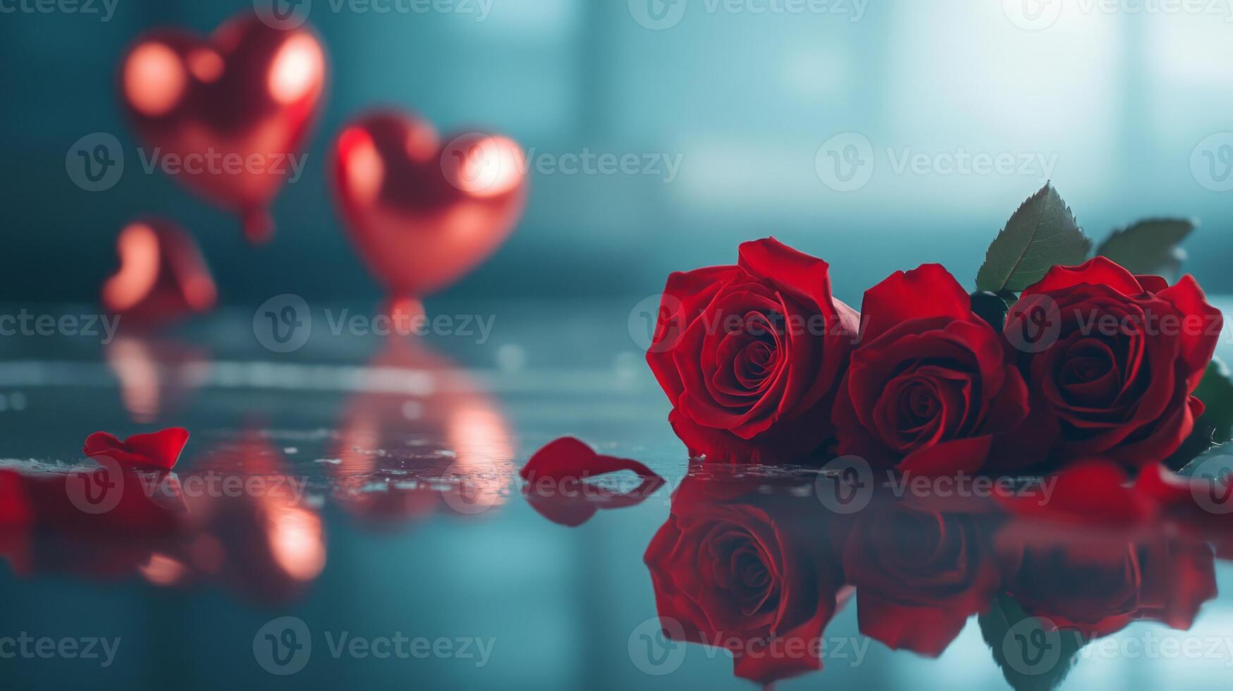 Three red roses lie on a reflective surface, surrounded by scattered petals, while heart-shaped balloons float in the background, enhancing the romantic setting for a celebration or event. photo