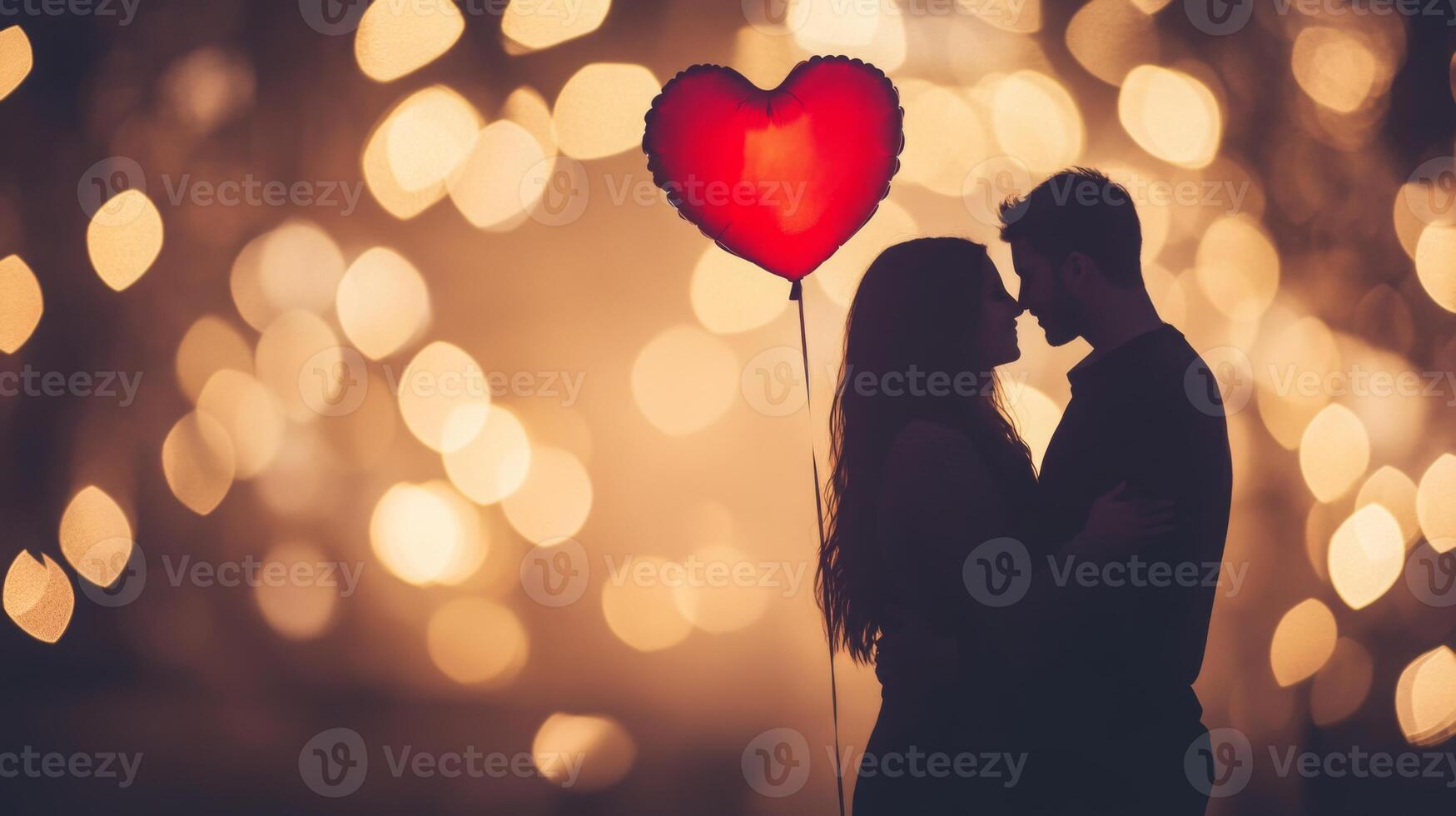 A couple embraces gently, silhouetted against a warm backdrop filled with soft, shimmering lights. One partner holds a bright red heart balloon, creating a romantic and intimate atmosphere. photo