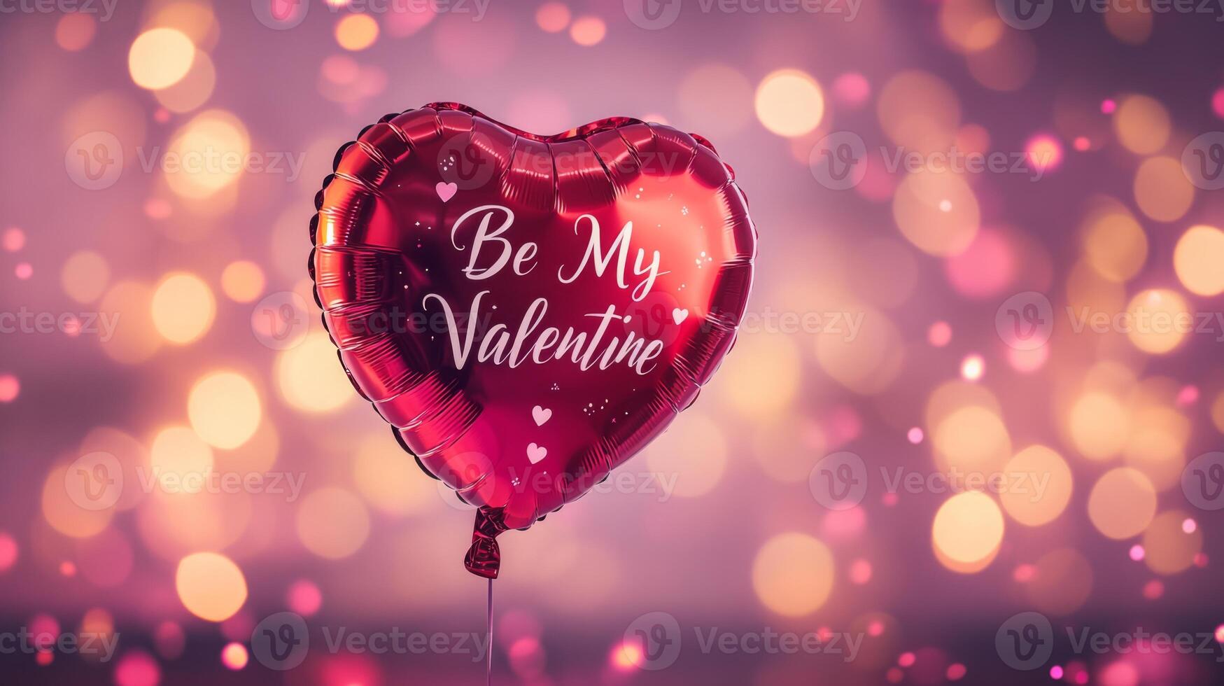 A red heart-shaped balloon features the phrase Be My Valentine in white text, surrounded by a vibrant, soft-focus background of shimmering bokeh lights, creating a romantic atmosphere. photo