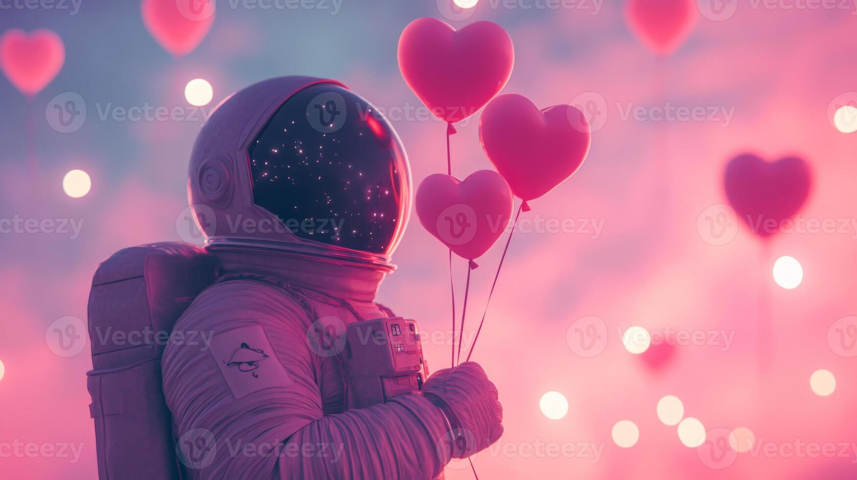 An astronaut stands in a whimsical, colorful background filled with floating hearts. The scene blends elements of space and romance, conveying a sense of joy and wonder in an otherworldly setting. photo