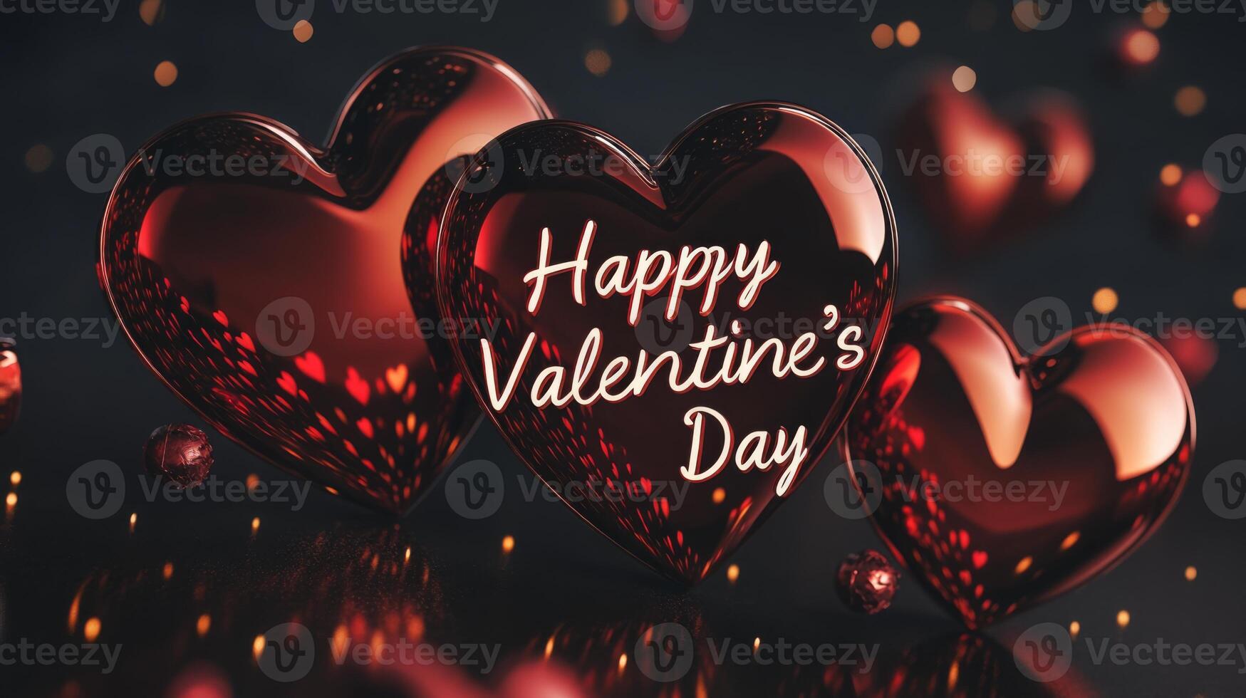 Romantic red hearts shimmer against a dark background, capturing the essence of Valentine's Day. The festive message celebrates love and affection, making it perfect for the holiday. photo
