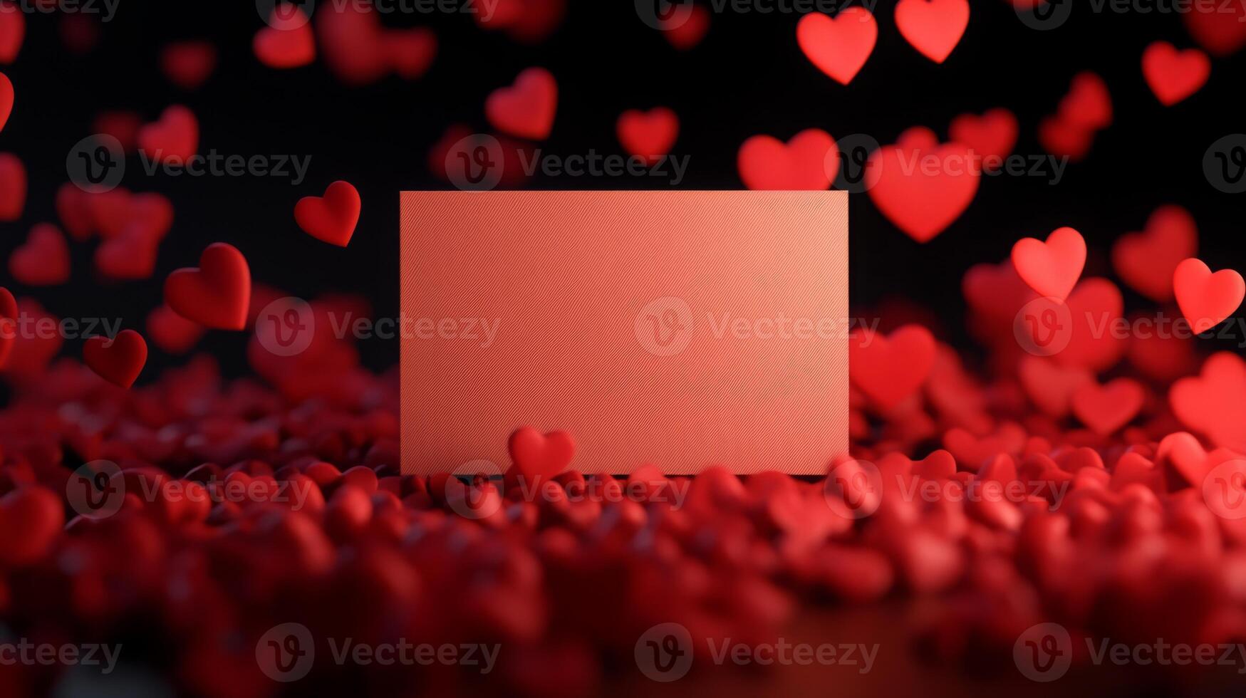 Red heart-shaped decorations fill the background, creating a romantic setting. A blank card sits prominently in the center, inviting personal messages for special occasions like Valentine Day. photo