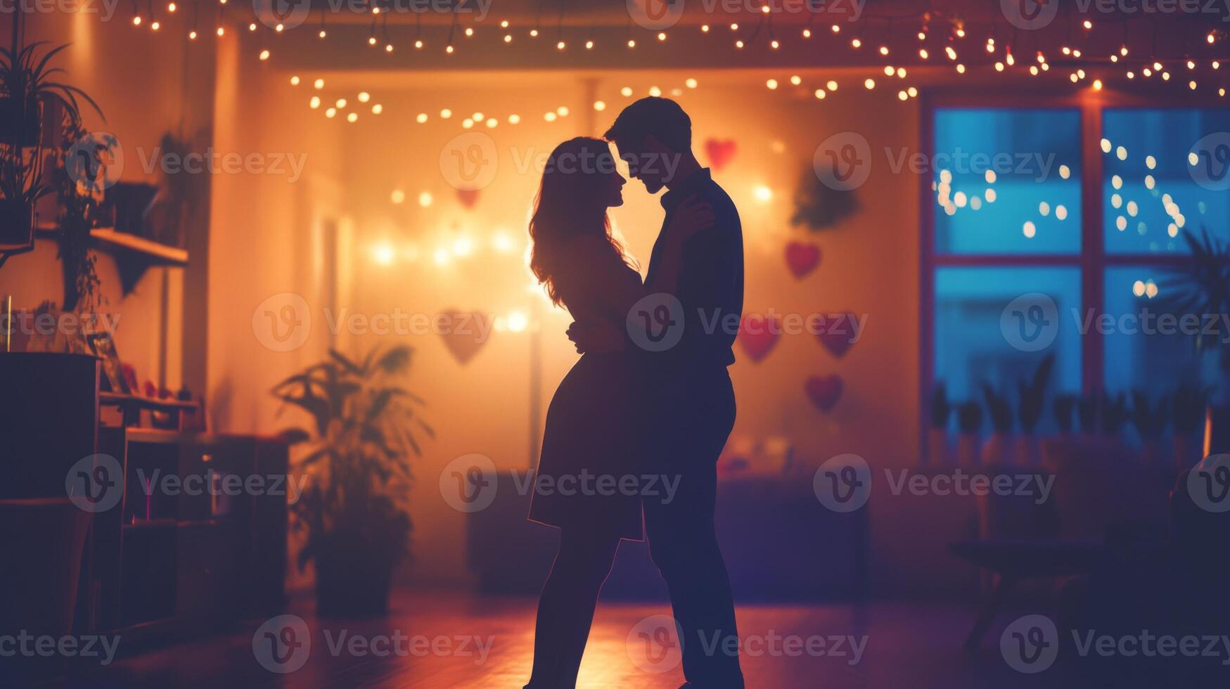 Two people stand close together, silhouetted against a backdrop of warm lights and heart decorations. The cozy environment suggests a celebration of love, creating a magical atmosphere. photo