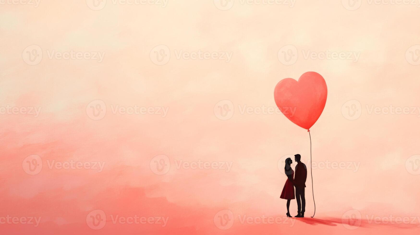 A couple stands closely together, gazing into each other's eyes, while holding a large red heart-shaped balloon. The soft background features shades of pink, enhancing the romantic atmosphere. photo