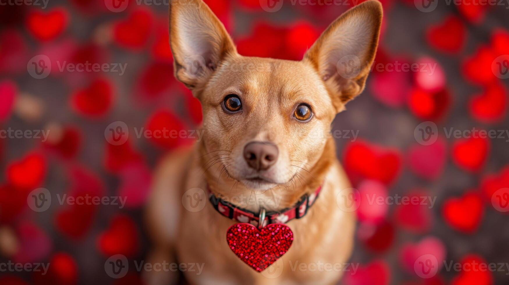 A playful dog sits in a bed of vibrant heart decorations, radiating charm and warmth. Its shiny collar adds a delightful touch to the festive atmosphere, perfect for celebrating love. photo