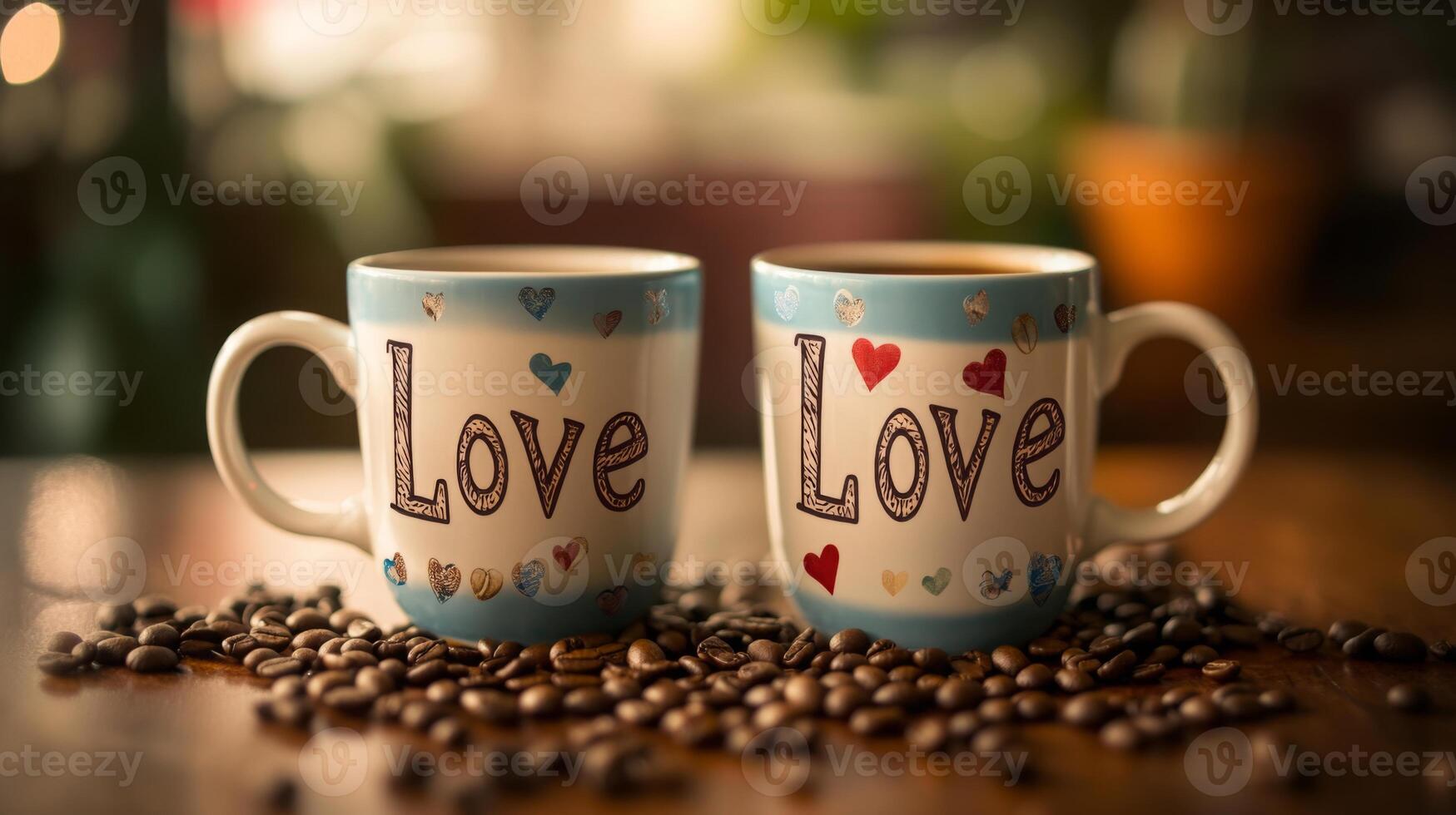 Two cheerful coffee cups featuring the word love are placed on a wooden table scattered with coffee beans. The warm lighting creates an inviting ambiance perfect for a cozy gathering. photo