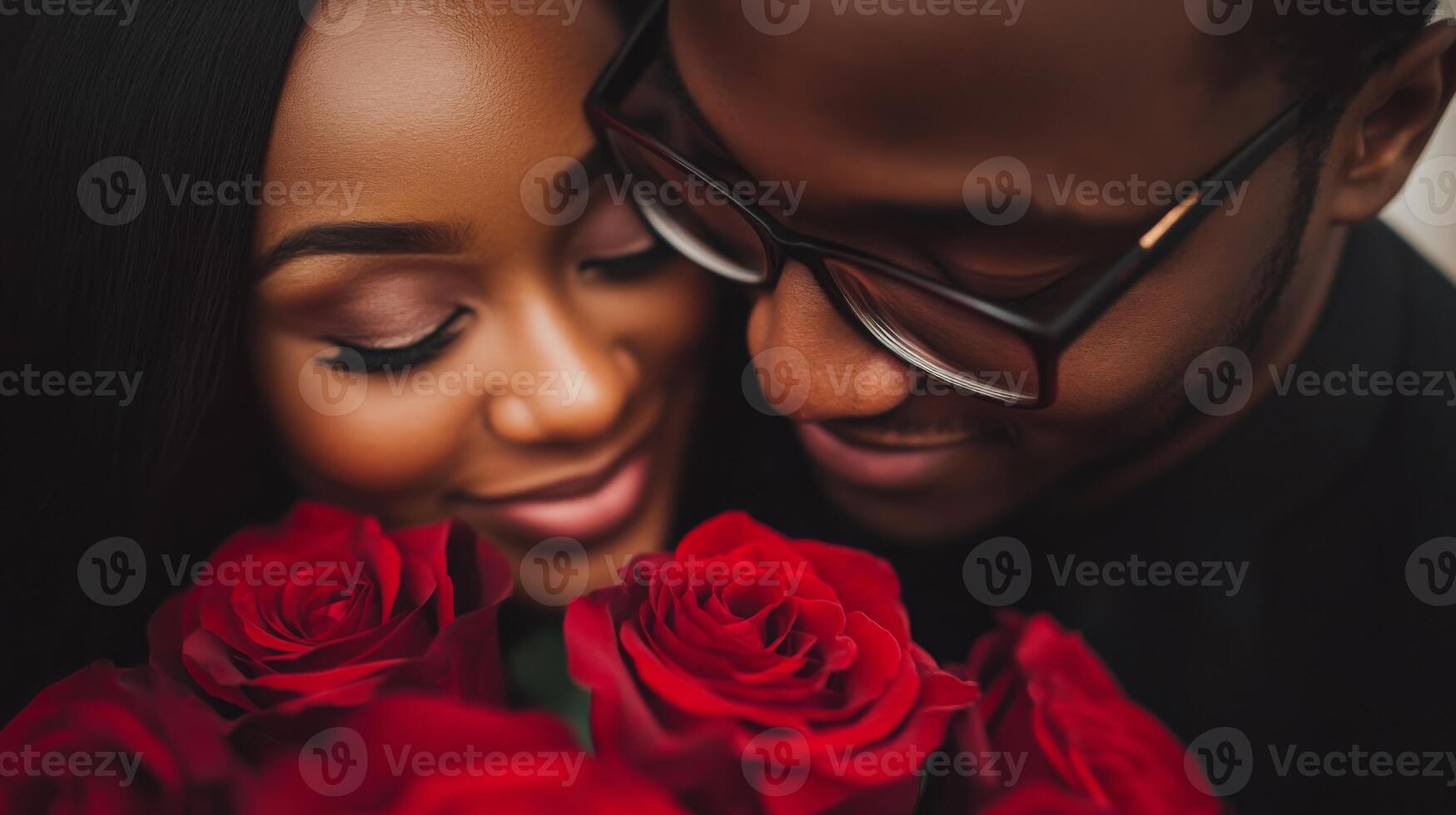 A couple enjoys an intimate moment while holding vibrant red roses together. They gazes lovingly into each other's eyes, highlighting their affection and connection during a beautiful sunset. photo