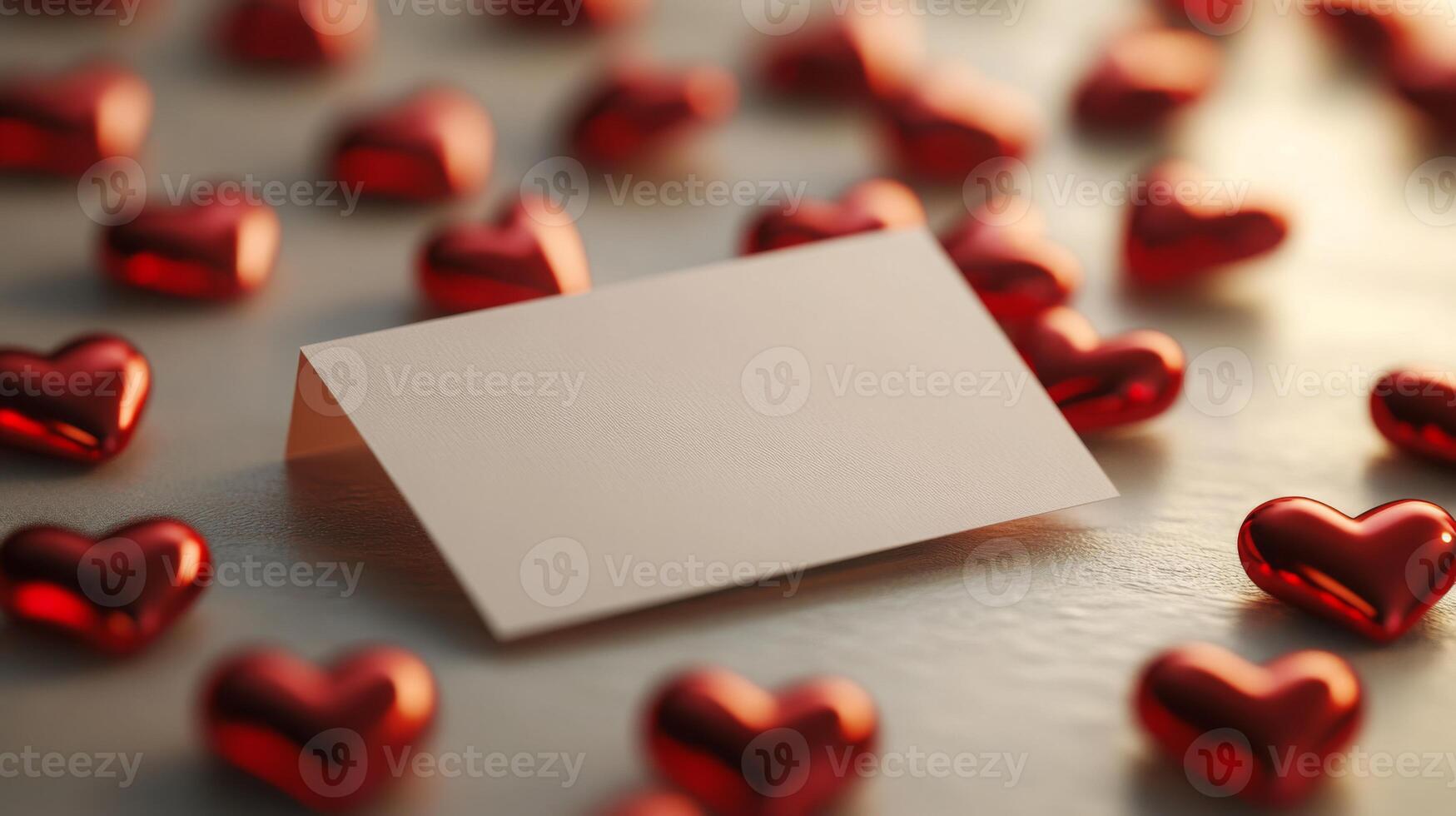 A blank card rests among numerous glossy red hearts, creating a romantic and festive atmosphere suitable for love notes, invitations, or heartfelt messages. The setting exudes warmth and charm. photo