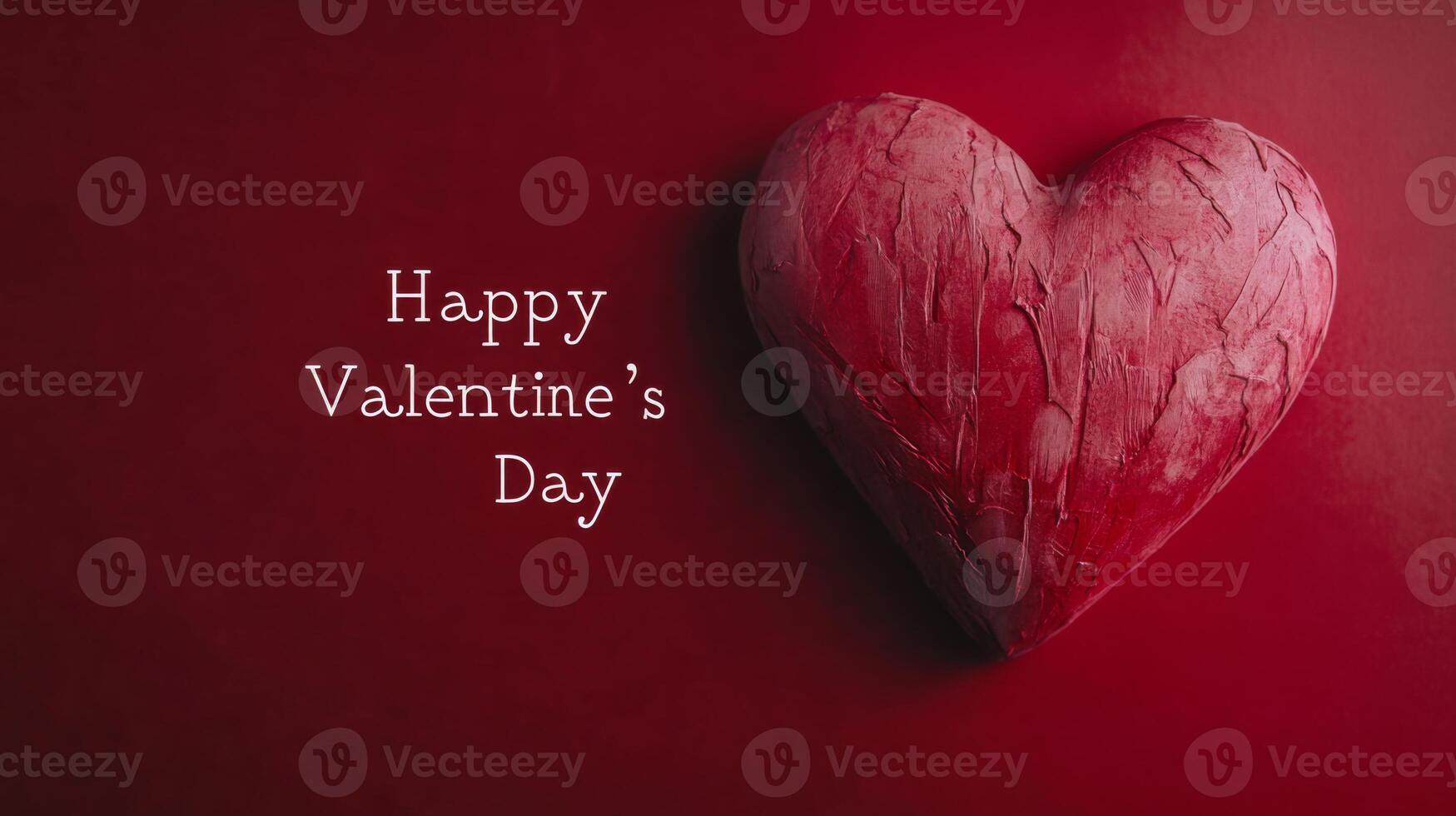 A bright red heart shaped decoration rests on a deep red background. Bold white text wishes viewers a happy Valentine's Day, creating a romantic and festive atmosphere perfect for the holiday. photo