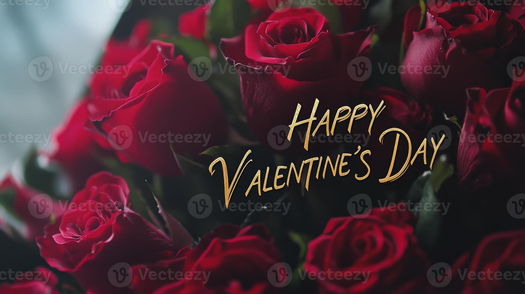 A vibrant bouquet of red roses fills the frame, exuding romance and warmth. The elegant text conveys joyful Valentine's Day wishes, perfect for expressing love and affection on this special occasion. photo