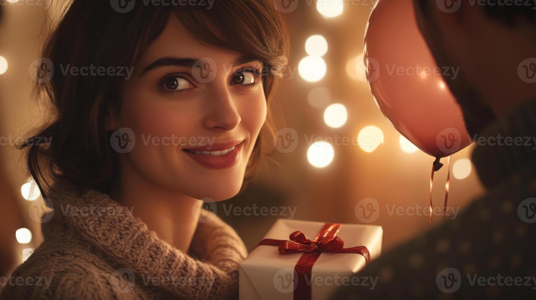 A woman with a warm smile holds a beautifully wrapped gift with a ribbon, illuminated by soft lights in a cozy room. She is celebrating a special moment, surrounded by festive decorations. photo