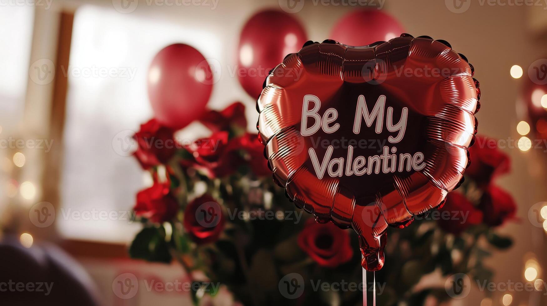 A heart-shaped balloon inscribed with a romantic message sits among a bouquet of red roses. Soft, warm lighting enhances the cozy atmosphere, perfect for a Valentine's Day gathering. photo
