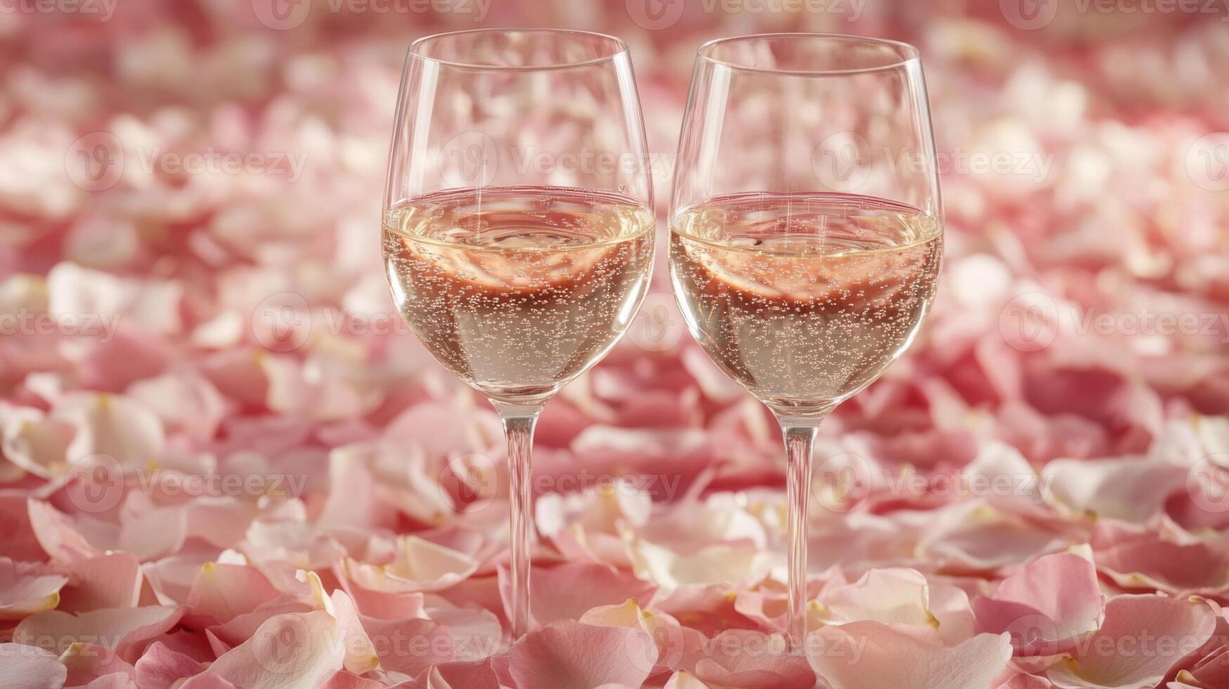 Two elegant glasses filled with sparkling beverage rest atop a soft layer of pink rose petals, creating a romantic atmosphere perfect for a celebration or special occasion. photo