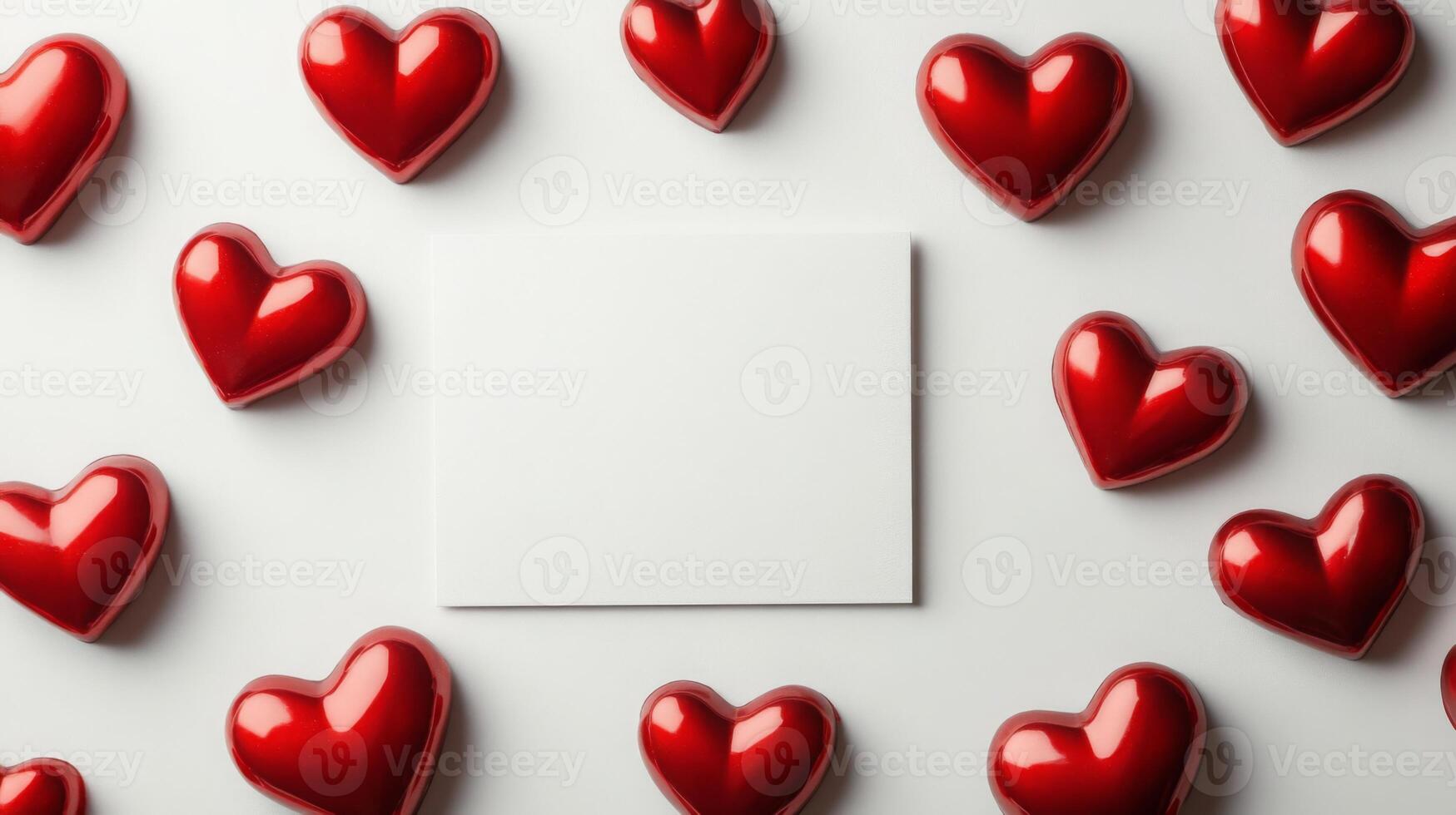 Bright red heart shapes are arranged around a blank square piece of paper. The scene evokes feelings of love and affection, suitable for romantic notes or special occasions. photo