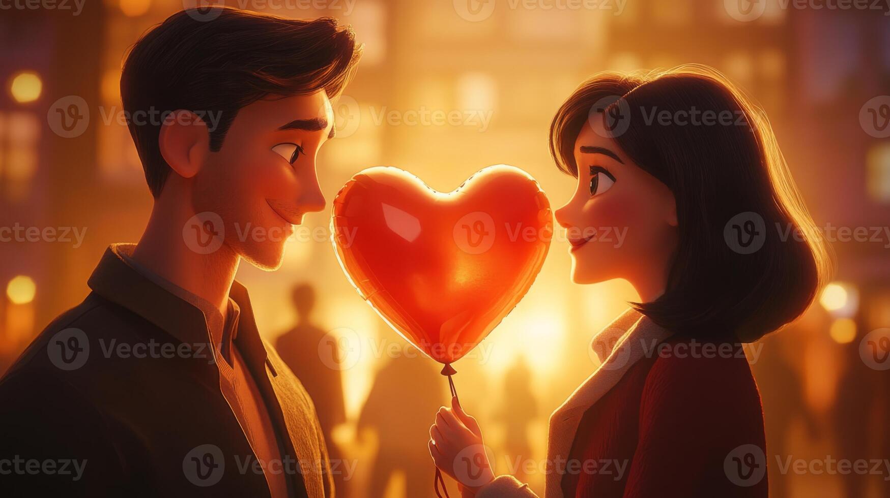 Two young adults exchange loving glances while holding a bright red heart-shaped balloon. The warm glow of the sunset creates a romantic atmosphere in a bustling city. photo
