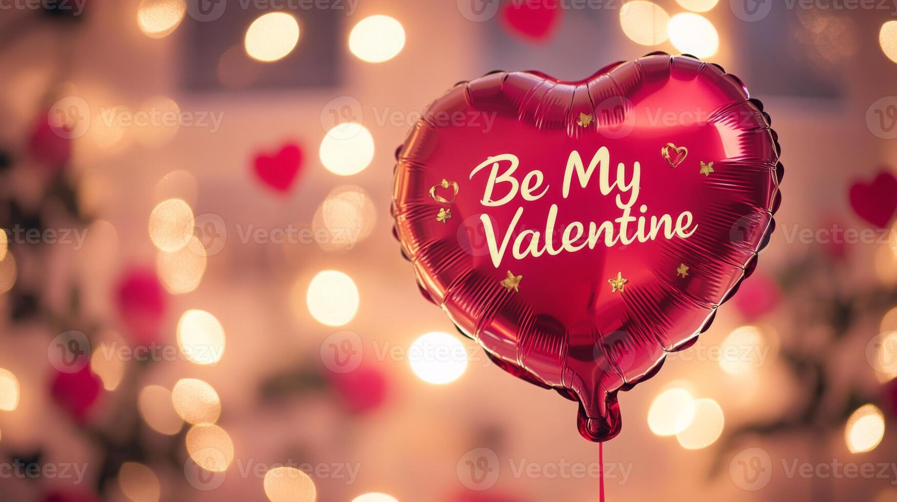 A vibrant red balloon shaped like a heart prominently displays the message Be My Valentine. photo