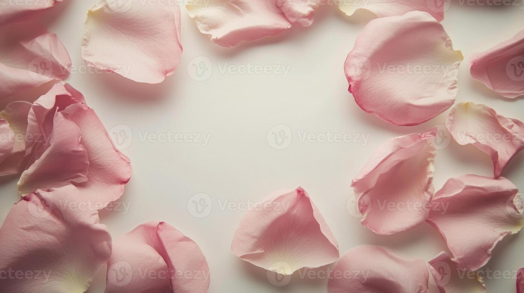 Soft pink rose petals are arranged in a gentle circle, highlighting their delicate texture and color against a light background. This setup creates a serene and calming atmosphere. photo