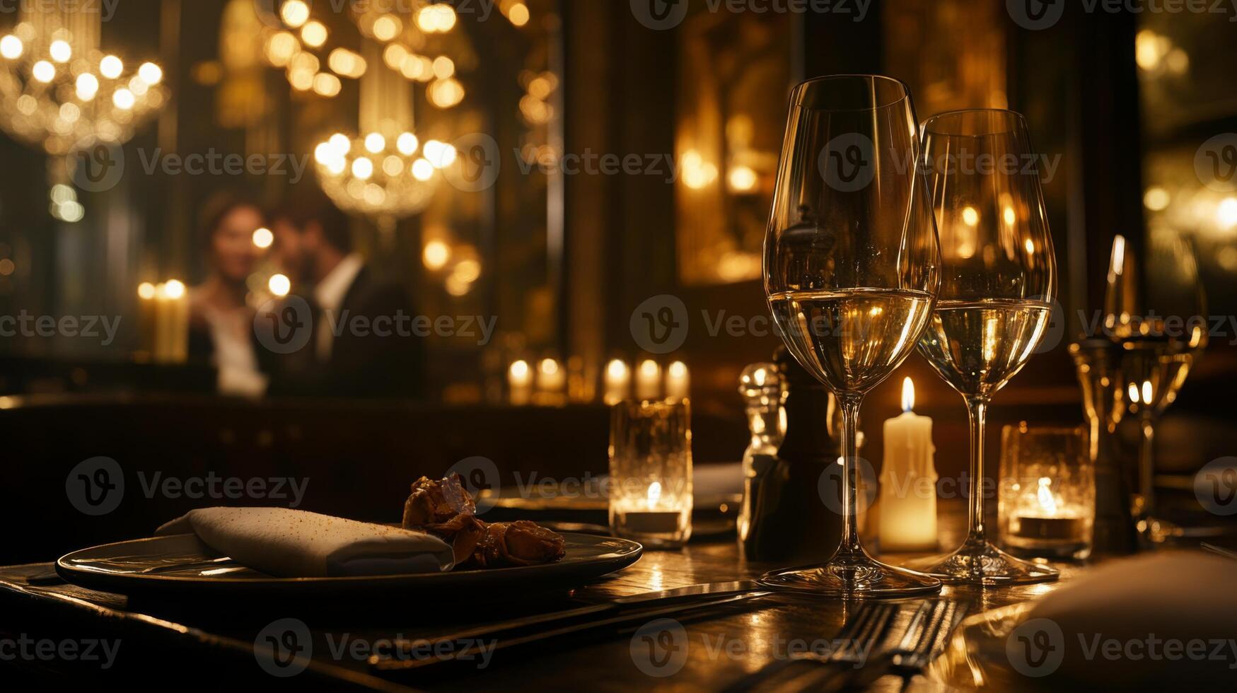 A refined table elegantly set with sparkling wine glasses and a delicious dish, illuminated by soft candlelight. Behind, a couple shares an intimate moment, enhancing the romantic atmosphere. photo