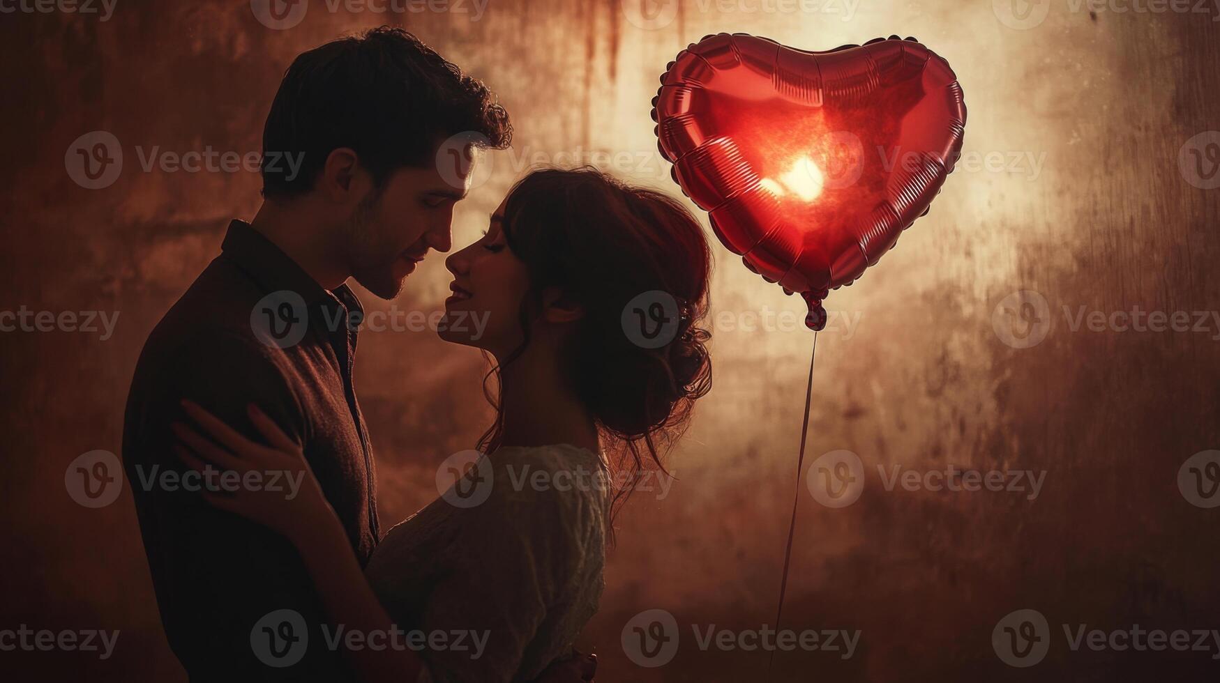A couple is embracing intimately in a soft, warm light, creating an atmosphere of romance. A vibrant heart-shaped balloon adds a focal point to their affectionate interaction. photo