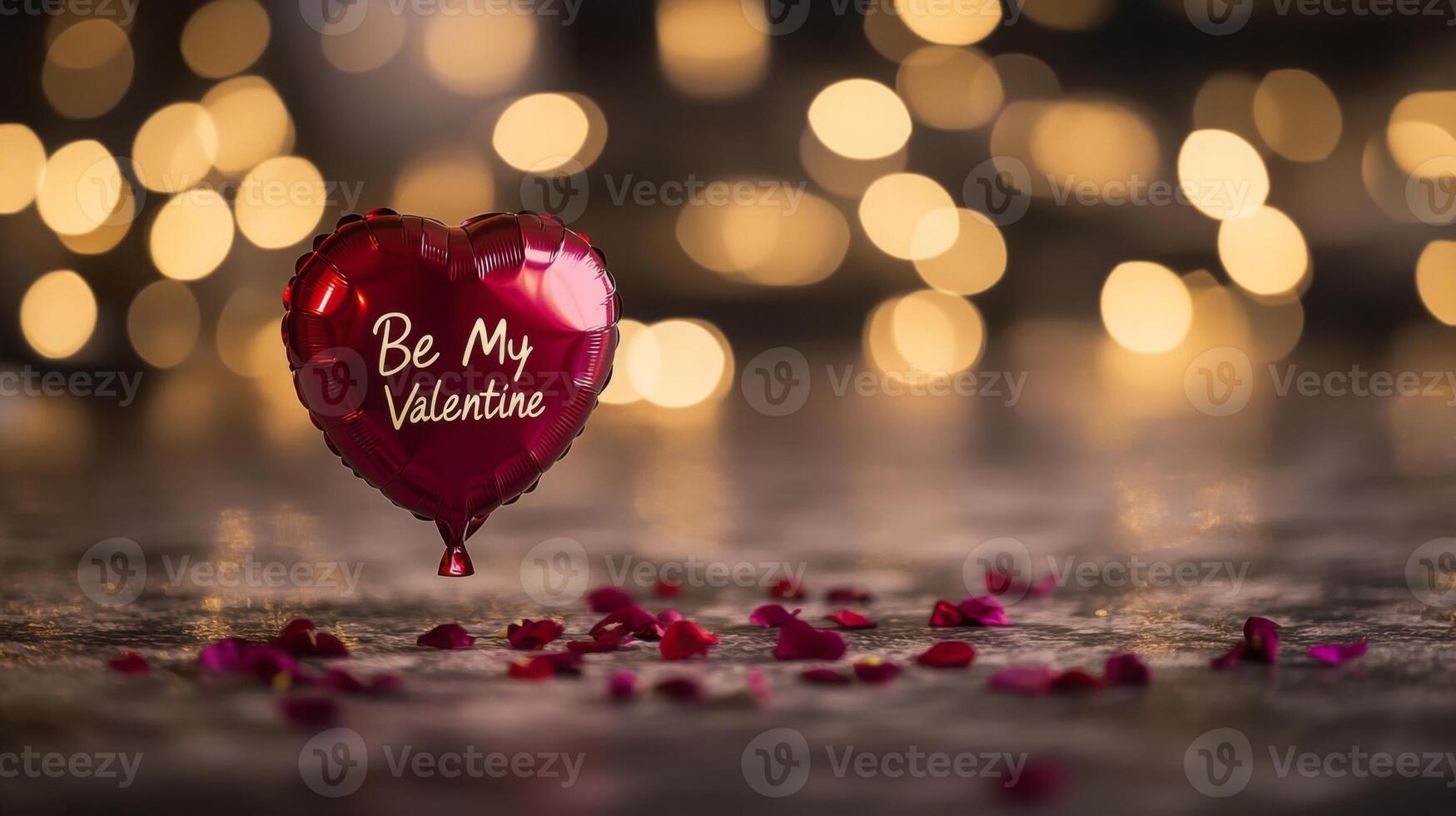 A heart-shaped balloon with the message Be My Valentine floats above scattered rose petals on a textured surface. photo