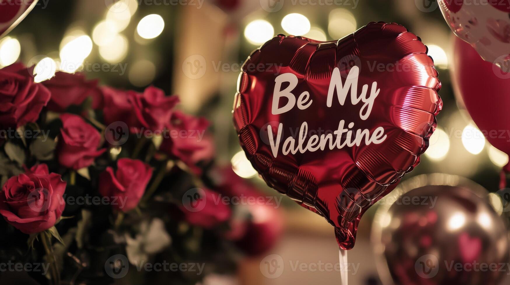 A romantic setting for Valentine's Day featuring vibrant red roses arranged beautifully alongside a heart-shaped balloon that reads Be My Valentine, evoking feelings of love and affection. photo