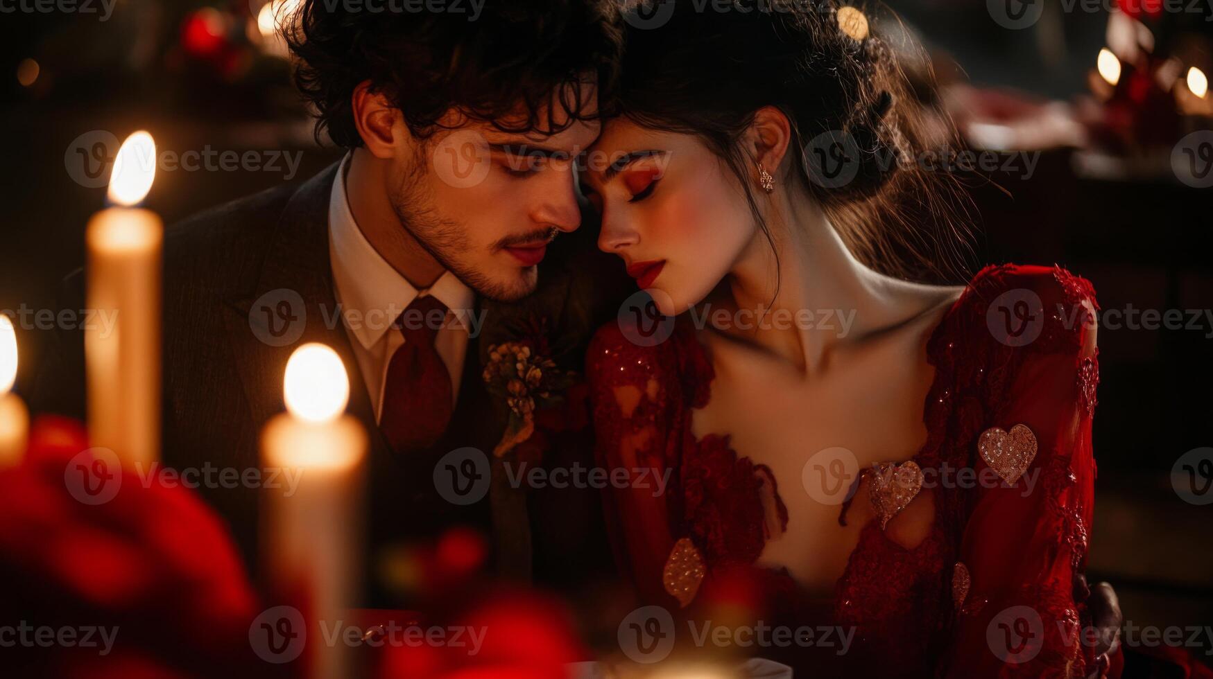 A couple is closely leaning into each other, surrounded by flickering candlelight and rich red decorations. photo