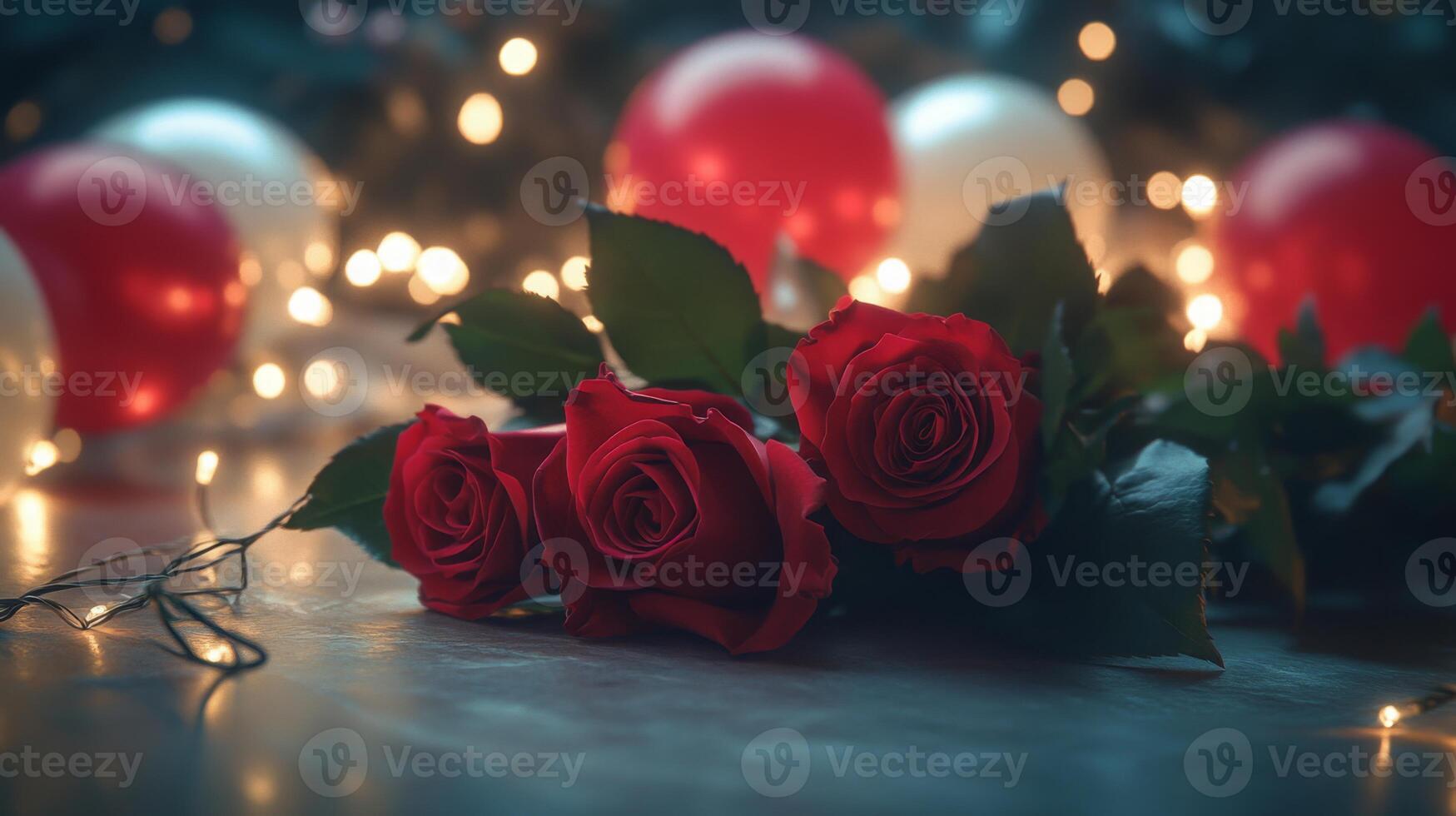 Red roses rest elegantly on a surface surrounded by soft white and red balloons and twinkling lights, creating a warm, festive atmosphere perfect for a romantic celebration or special event. photo