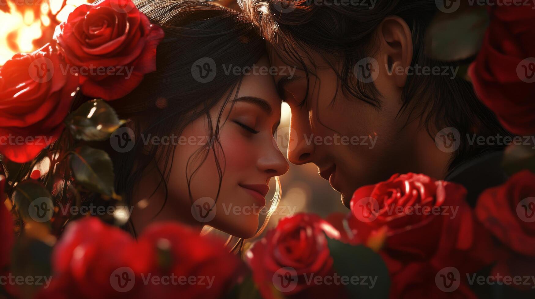 A couple shares a tender moment as they lean in for a close embrace, framed by vibrant red roses. The warm light creates a magical atmosphere, highlighting their affection and connection. photo