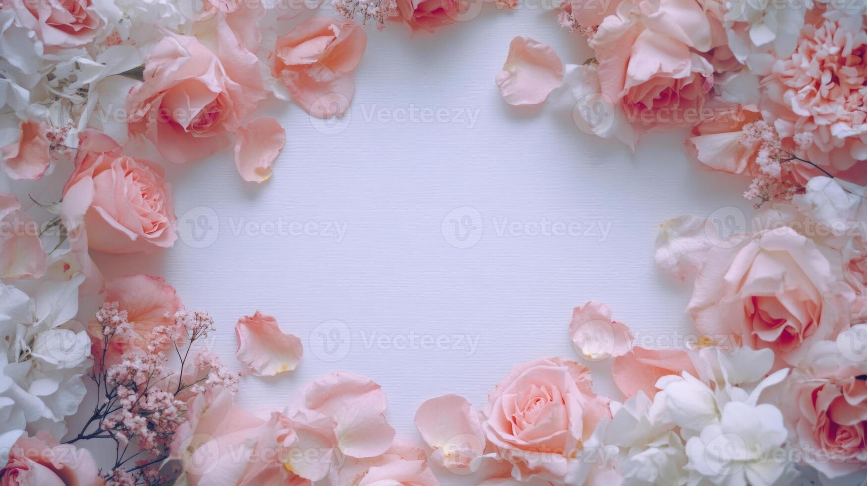 A beautiful arrangement of soft pink roses and delicate white flowers creates a circular frame around an empty center. This captivating and elegant display enhances any creative project or occasion. photo