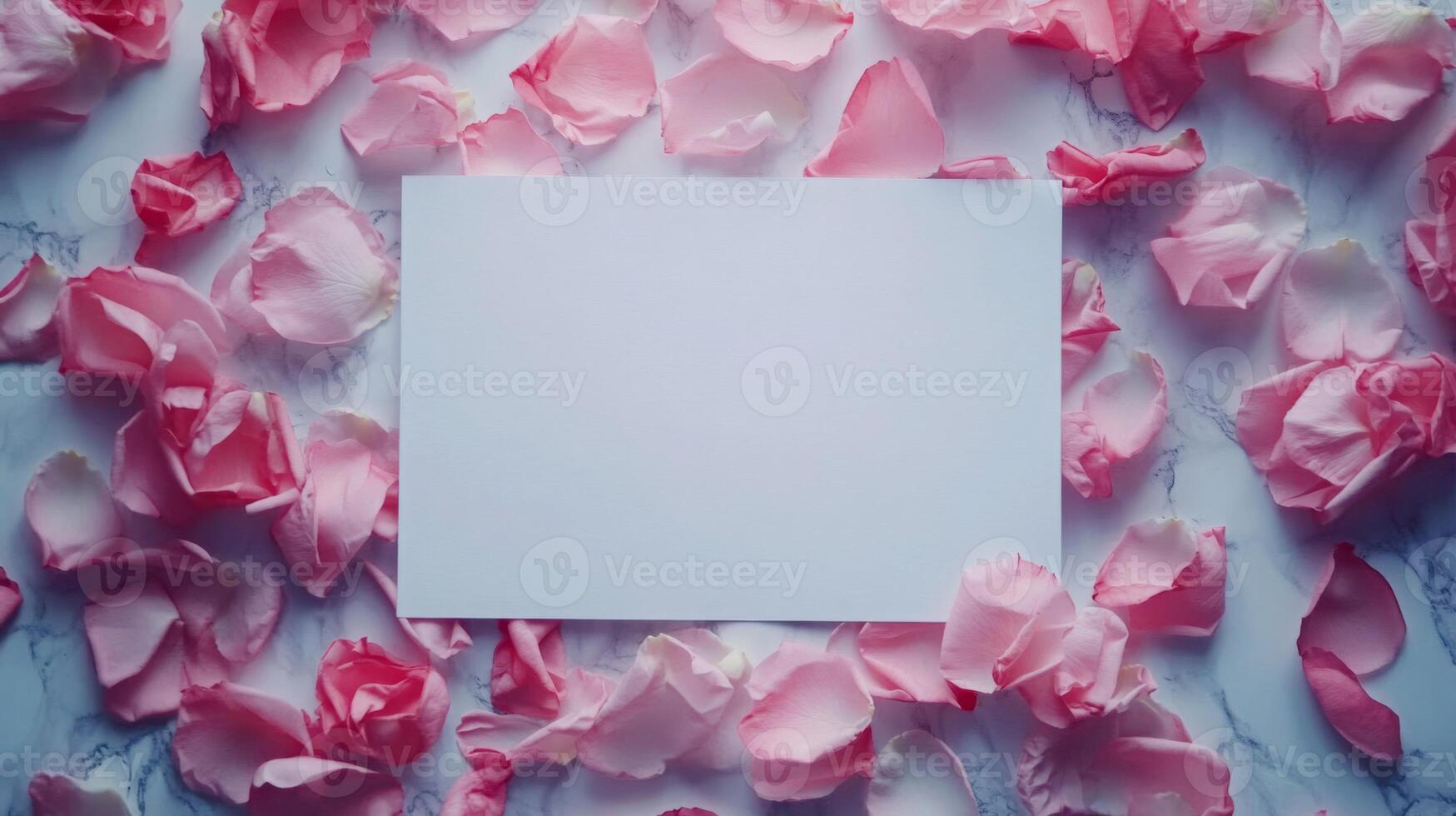 Soft pink petals elegantly frame a blank white surface, creating a serene and romantic backdrop. Ideal for note cards, invitations, or creative projects celebrating beauty and nature. photo
