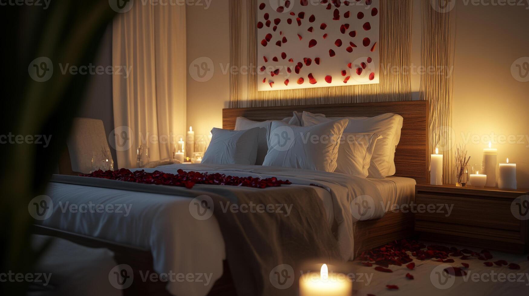 Soft candlelight illuminates a cozy bedroom adorned with rose petals on the bed, creating an intimate atmosphere perfect for a romantic evening or special celebration. photo