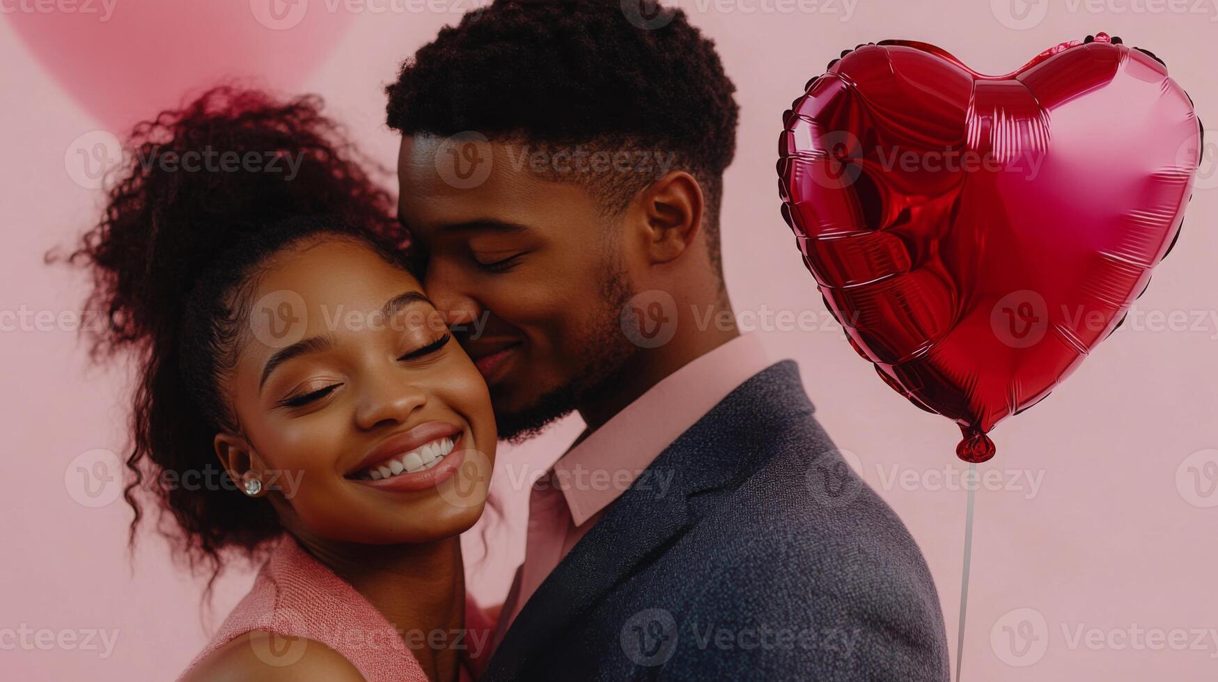 A couple shares a joyful moment, embracing each other with smiles. They are surrounded by pink balloons, capturing a romantic atmosphere during a celebration or special occasion. photo