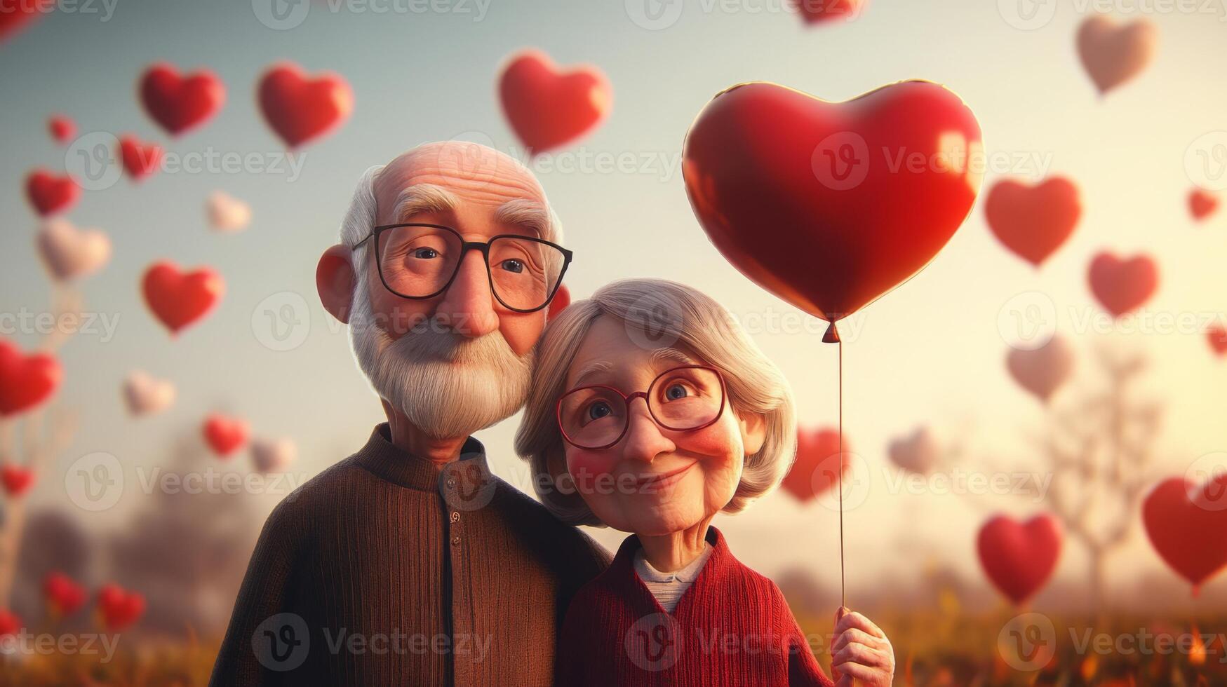 An elderly couple stands closely together, smiling warmly. They are surrounded by vibrant, floating heart-shaped balloons against a soft, dreamy background. The atmosphere feels romantic and joyful. photo