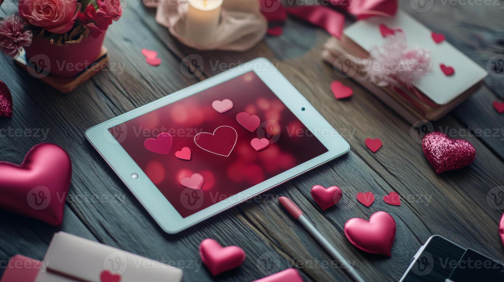 A vibrant workspace is adorned with various heart-shaped decorations and romantic elements. photo