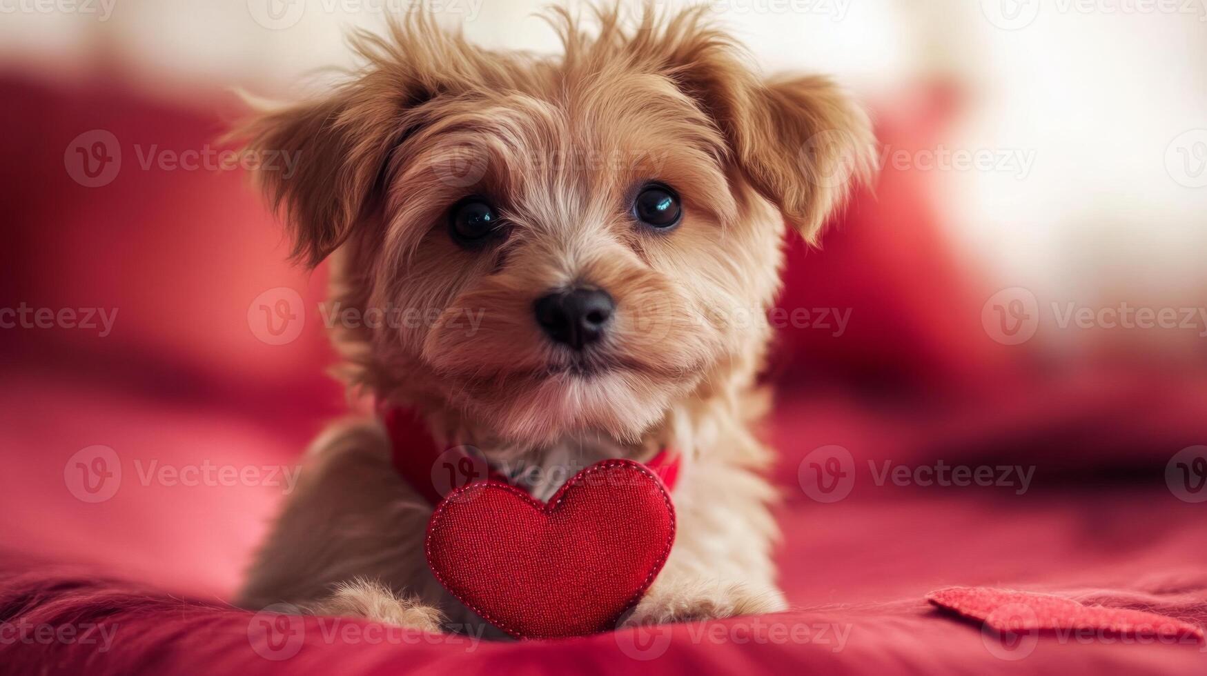 A small and adorable dog sits on a soft red bedspread, wearing a heart-shaped accessory. Its expressive eyes add to the charm of this intimate and cozy setting, perfect for pet lovers. photo