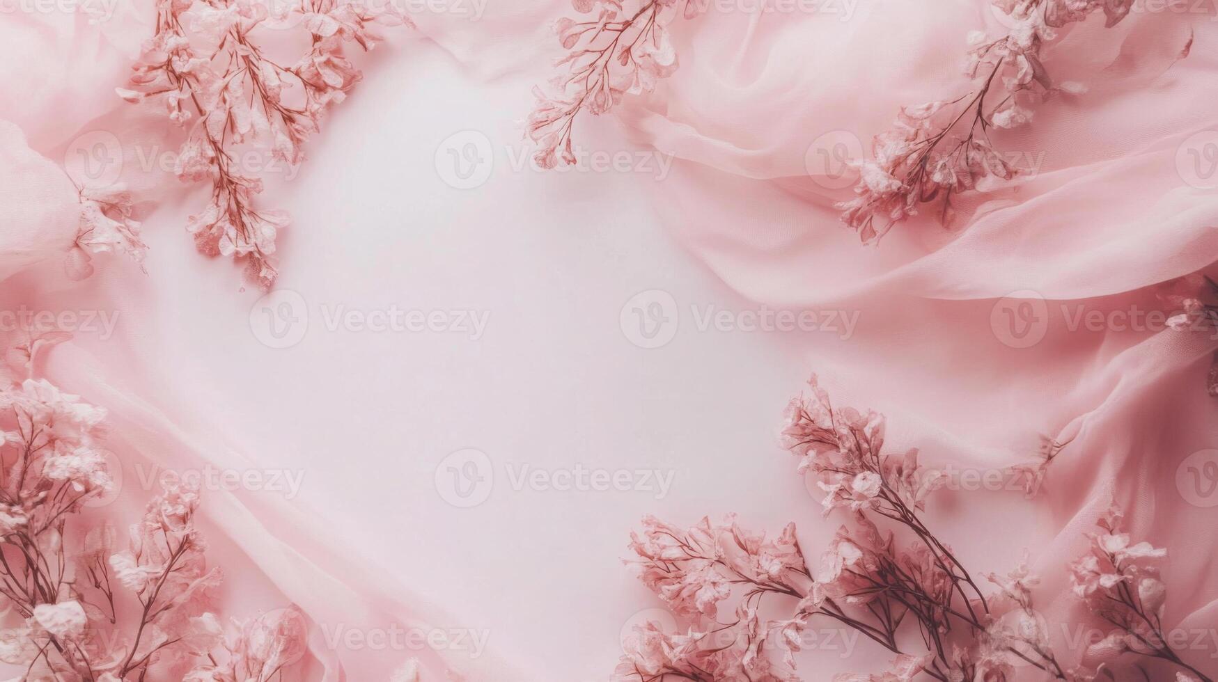 Delicate pink flowers and soft fabric create a heart shape, perfect for romantic themes. The gentle tones evoke a tender atmosphere, ideal for special occasions or artistic displays. photo