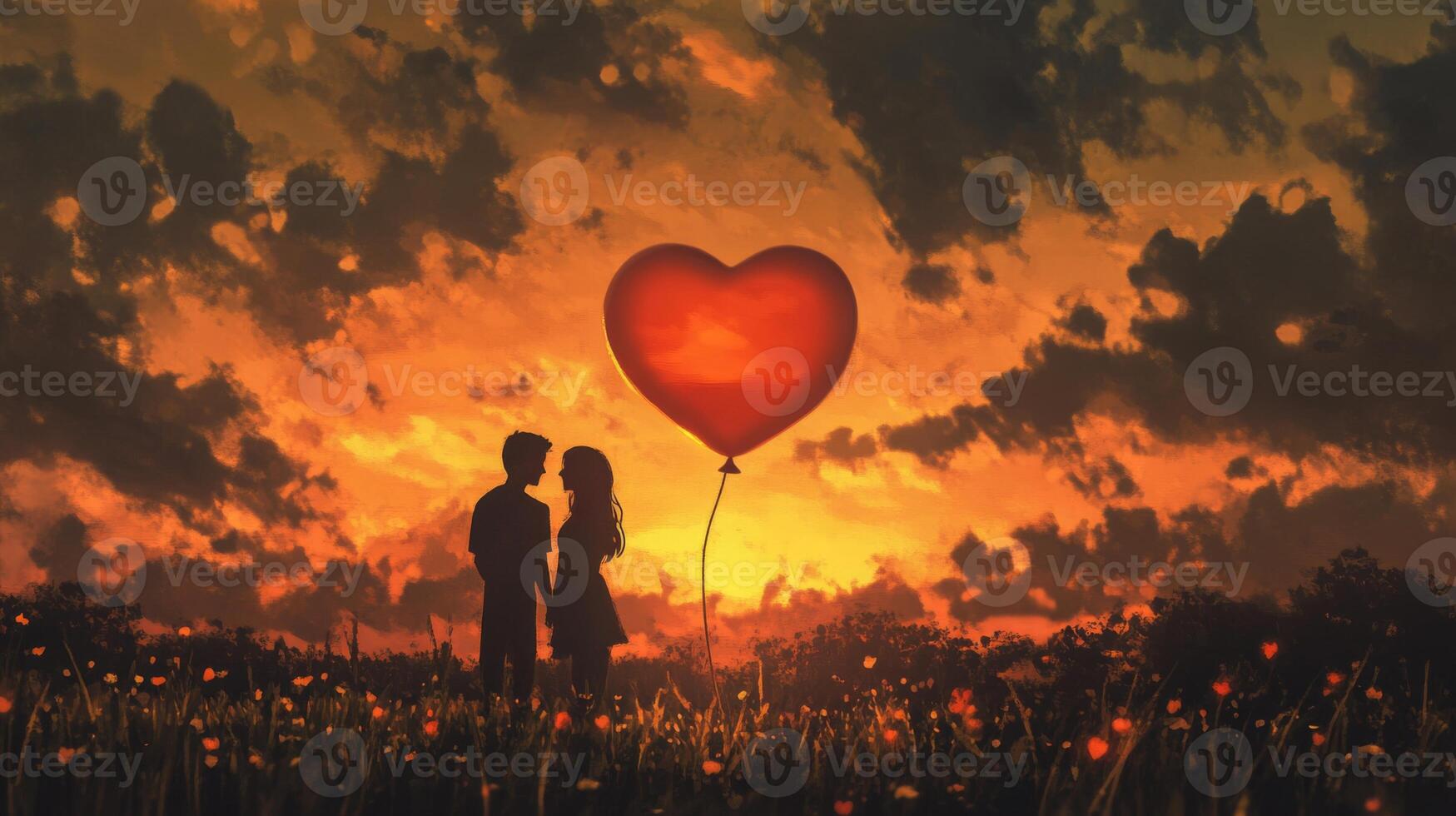A couple embraces tenderly at sunset, silhouetted against a colorful sky filled with clouds. They hold a large heart-shaped balloon, symbolizing love and connection in this magical moment. photo
