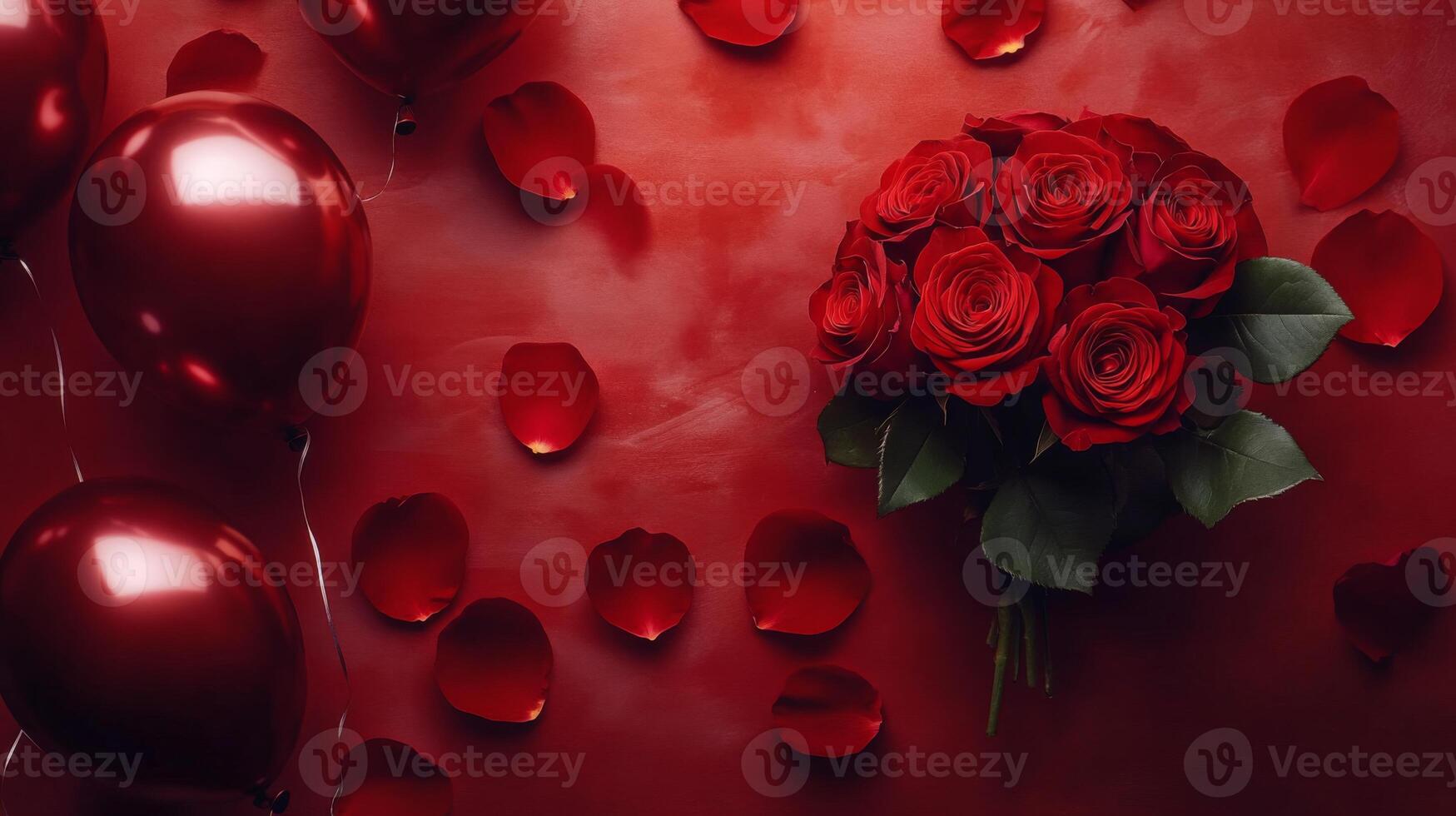 A bouquet of deep red roses with scattered petals and glossy balloons sets a romantic mood, perfect for celebrating love on anniversaries or Valentine's Day. photo