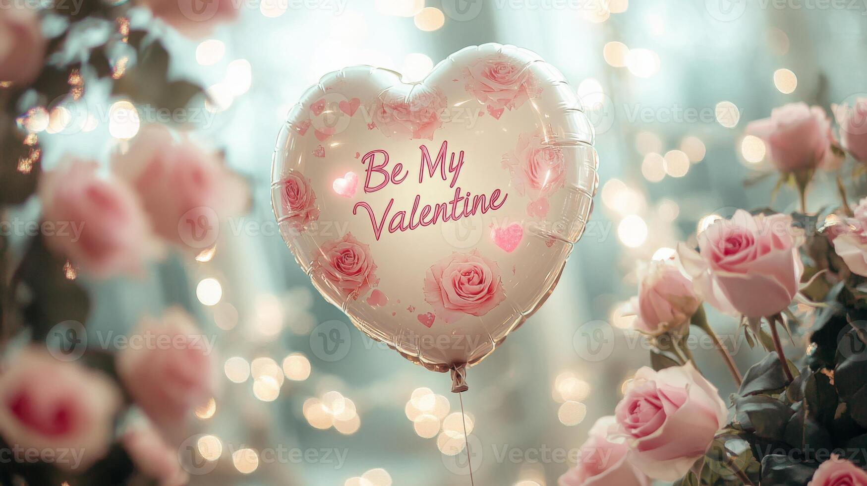 A decor setup features a heart-shaped balloon that reads Be My Valentine, suspended among pink roses. Soft lights create a romantic atmosphere ideal for celebrating love. photo