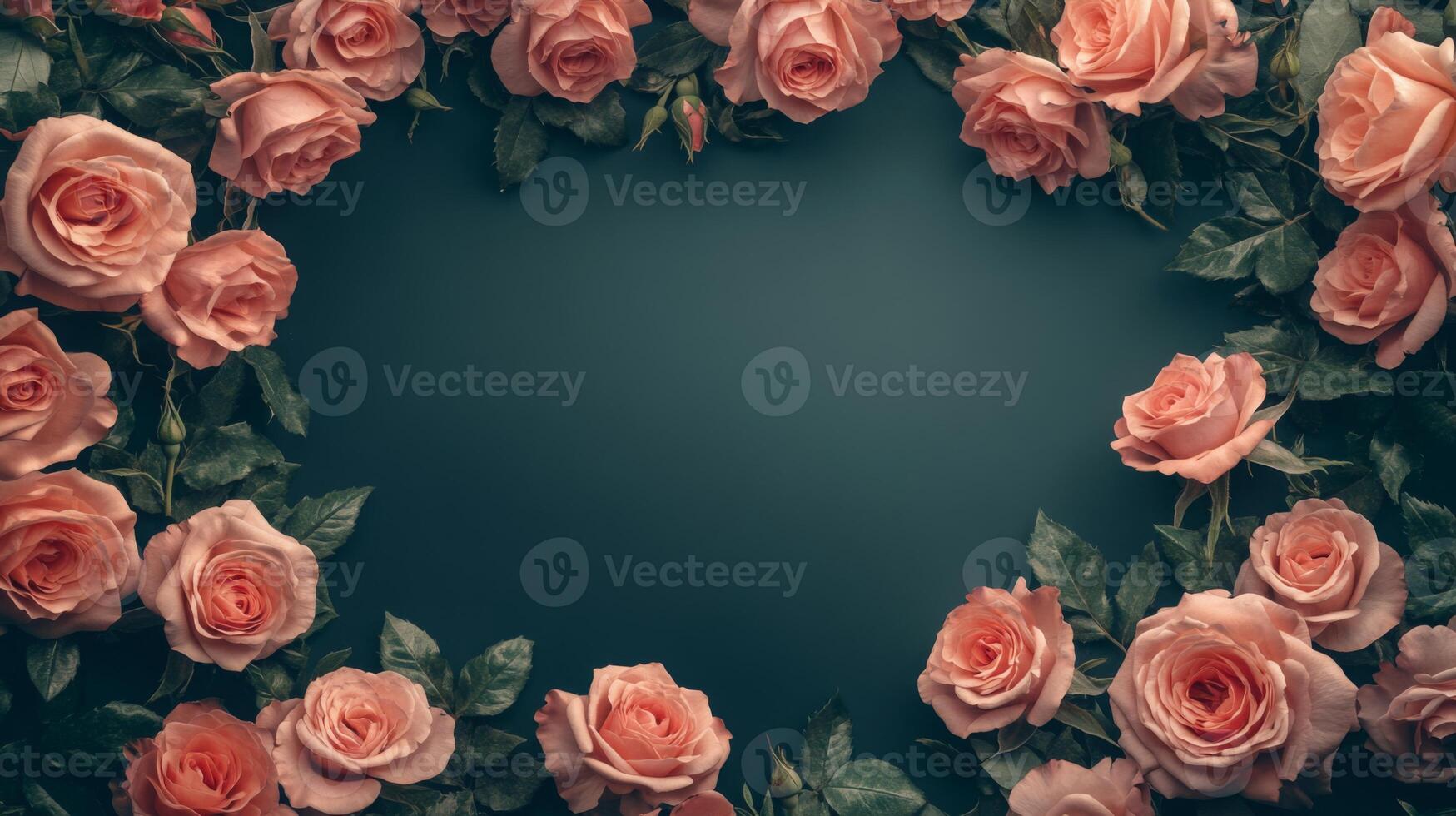 Delicate pink roses are arranged in a circular pattern on a dark blue backdrop. The flowers showcase their lush petals and vibrant green leaves, creating a tranquil, romantic atmosphere. photo