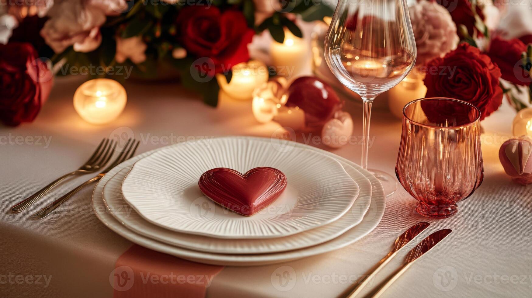 A beautifully arranged table features a heart-shaped dessert on elegant dishes. Surrounded by fresh flowers and soft lighting, the setting is perfect for a romantic evening or special celebration. photo