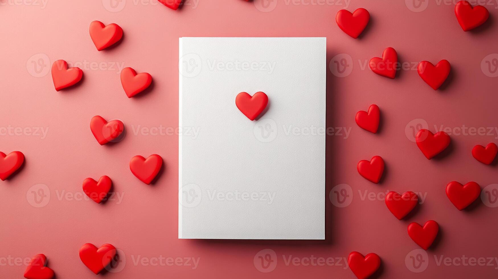 Scattered red heart shapes frame a white notebook placed on a soft pink surface. The arrangement creates a playful and romantic atmosphere, ideal for creative writing or journaling. photo