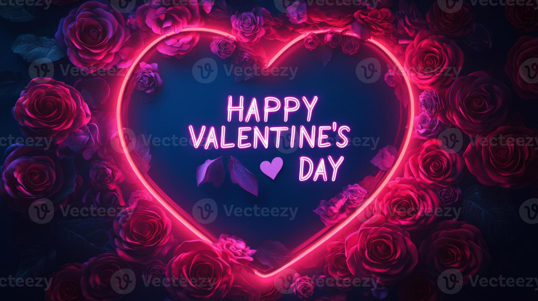 A glowing neon heart frame surrounded by deep red roses promotes a festive atmosphere for Valentine's Day. The warm lighting and floral accents create a romantic setting perfect for celebrations. photo