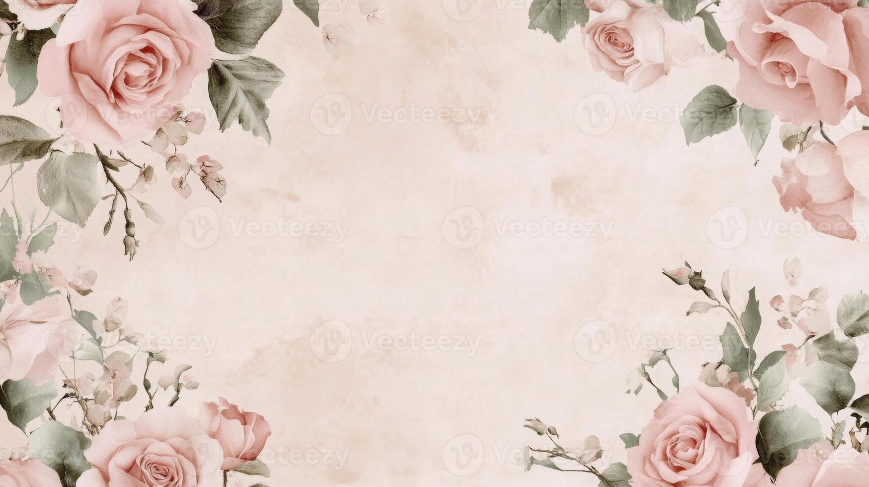 Delicate pink roses and soft green leaves are artistically arranged on a light background, creating a serene and elegant ambiance. This design evokes a calming and romantic atmosphere. photo