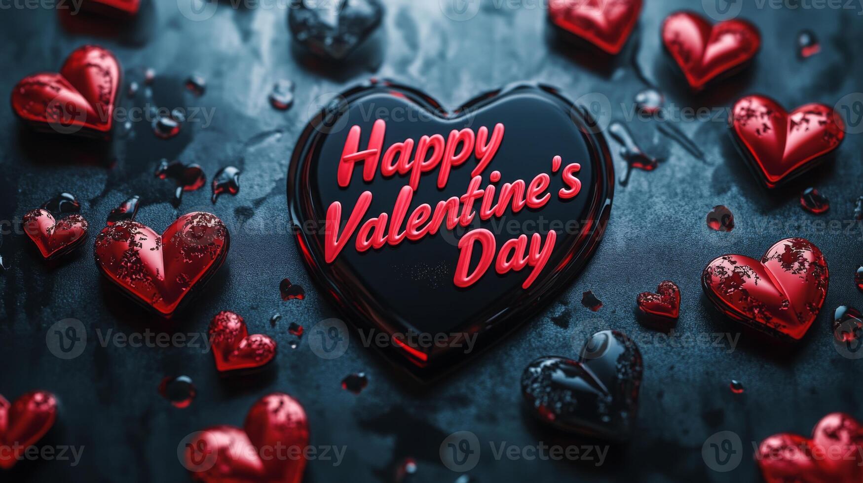 Heart-shaped candies in vibrant red and black are arranged around a central message wishing Happy Valentine's Day. The setting is festive, showcasing love and affection through sweet treats. photo